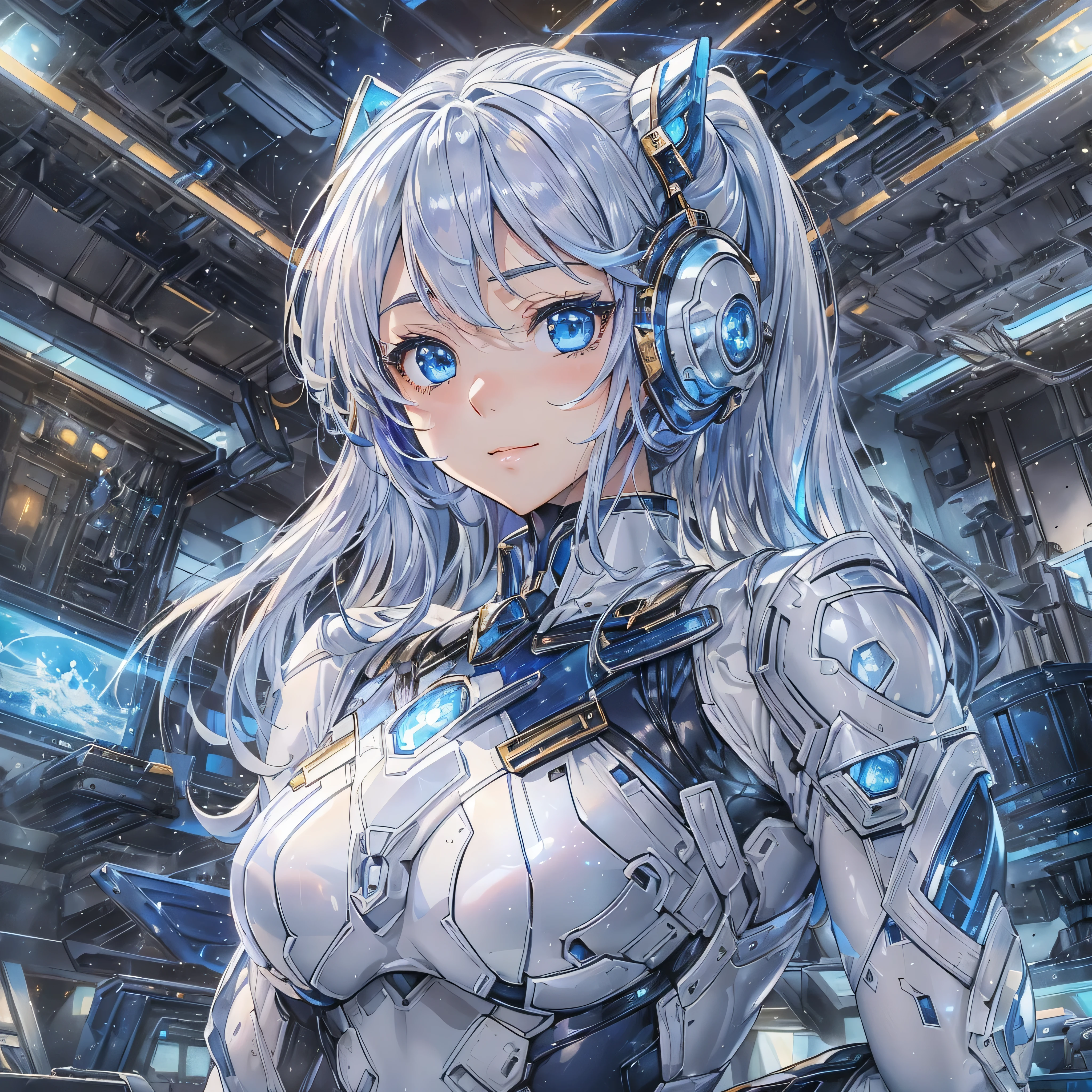 (masterpiece、highest quality、Highest Resolution、Clear_image、Detailed details、Angle from above): (Whole body、One 20 year old girl、Japanese Faces、Small Face、Slender、Navy blue super short bob cut hair、(Hidden small breasts:1.3)、Sparkling blue eyes、Shiny pilot suit in blue and black colors、Chest protection armor、Tight fitting clothes、Clothing that covers the whole body、Glamorous clothes、Tight Fit Pants、Hide your skin、Very delicate and beautiful、Detailed Skin、hide thighs、Hide your ass、Cute、A gentle smile、Soft expression、heroine、headset、Knee-high boots、Elbow-length gloves、Eye Level Shot、Face directly、Woman on a spaceship)