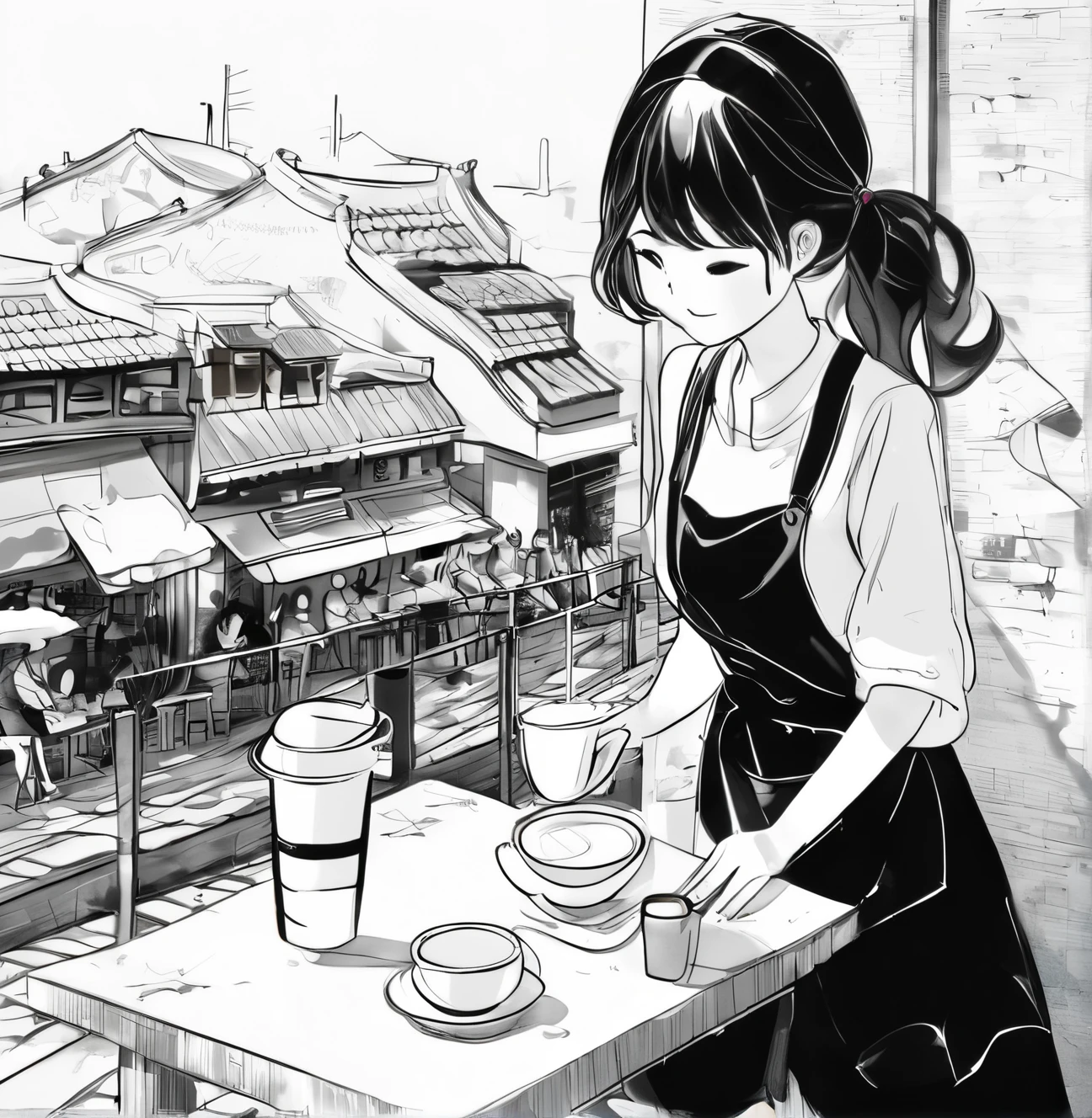 Ink painting,Black and White,whole body,smile,(Drawing strokes drawn with rot ring 0,Dynamic Movement 、Woman in her 30s、 street snap 、 influencers、Coffee at the cafe、terrace、 apron、Tidying up
