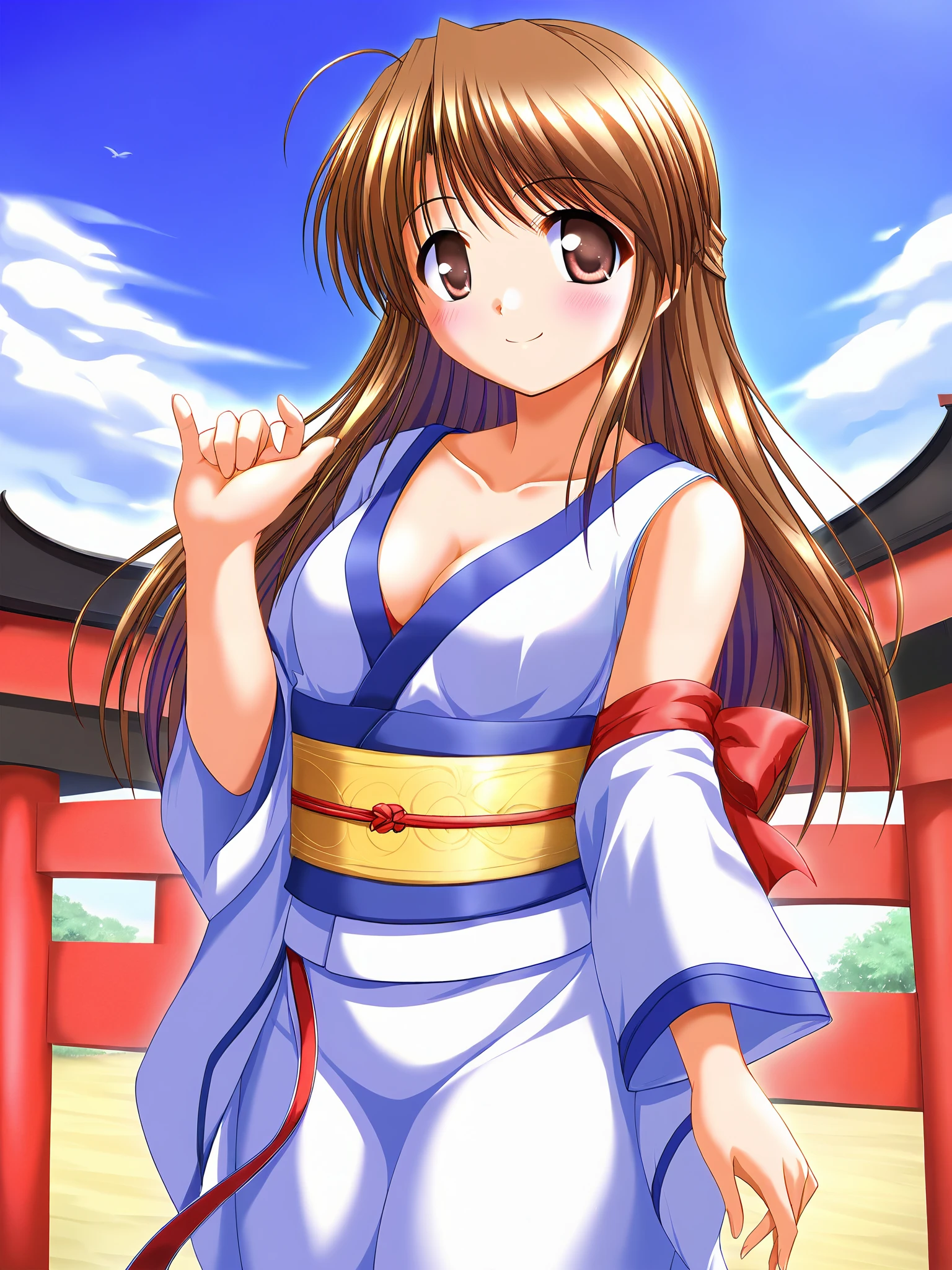 Honami Fujieda, (cowboy shot), brown eyes, yellow eyes, brown hair , stupid hair, bangs, side lock, long hair, hair bang, single hair bang, small breasts, (Sexy furisode), ( sexy pose), (Red cheeks:1.2), cleavage, (bright smile:1.1), (shrine), score_9, score_8_superior, score_7_superior, source_anime, (best quality:1.2), 細部までこだわったanime, high quality , full color, 8k, high resolution