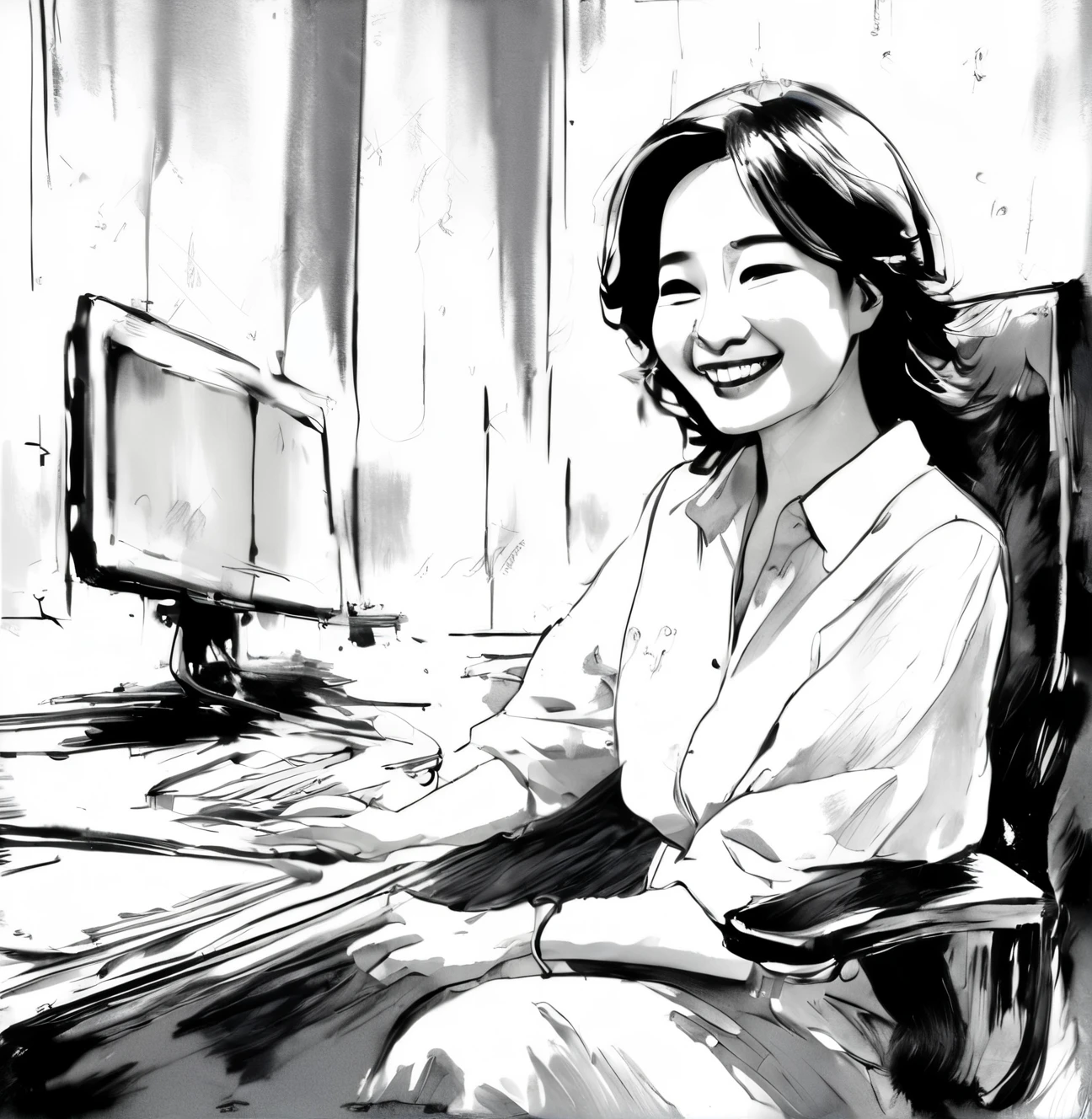 Ink painting,Black and White,whole body,smile,(Drawing strokes drawn with rot ring 0,Dynamic Movement 、 women in their 50s during the interview、investor、A slightly plump figure、Using a computer
