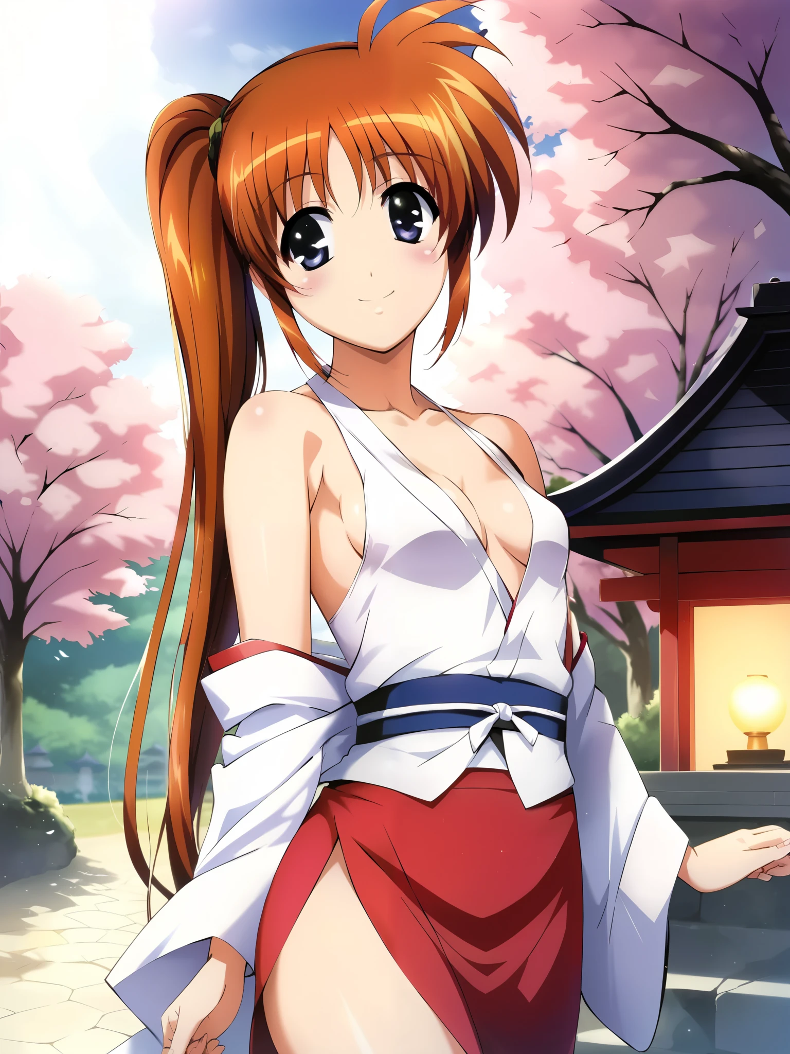 Nanoha, (cowboy shot), small breasts, (Sexy furisode), ( sexy pose), (Red cheeks:1.2), cleavage, (bright smile:1.1), (shrine), score_9, score_8_superior, score_7_superior, source_anime, (best quality:1.2), 細部までこだわったanime, high quality , full color, 8k, high resolution