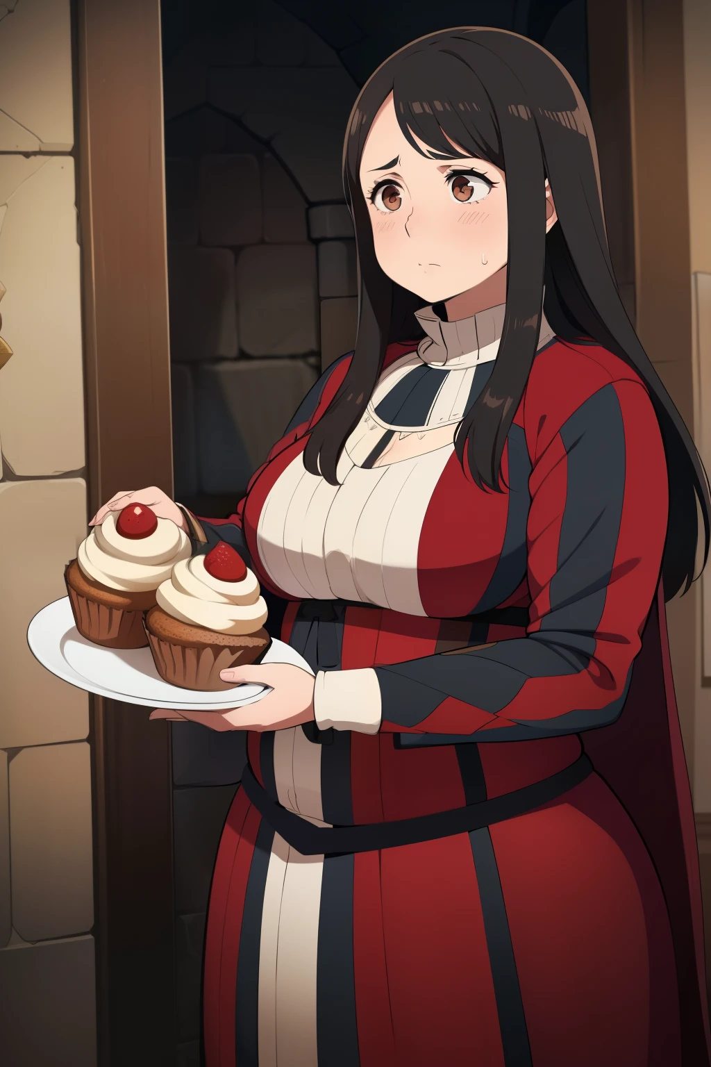 Plump,black hair brown eyes, longer hair ,sad, blushing deredere, assassin's creed, embarrassed, grabbing her clothes, medieval noblewoman dress. young adult, chubby. holding a large cupcake.
