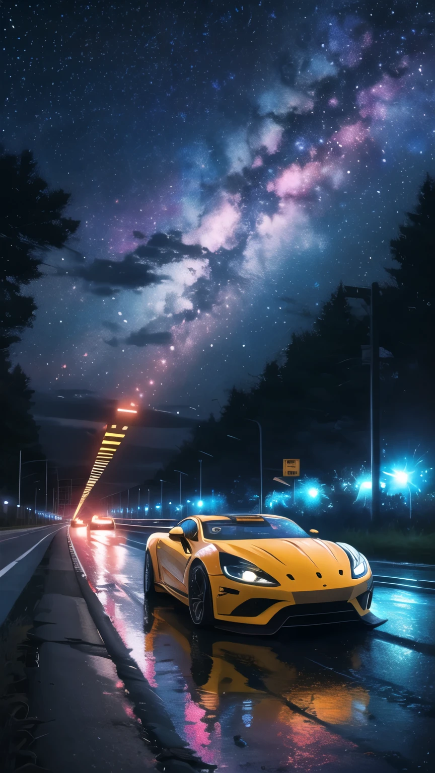 ancient rundown futurustic highway at night with nebula stars, and a hight tech neon sports car racing in water,