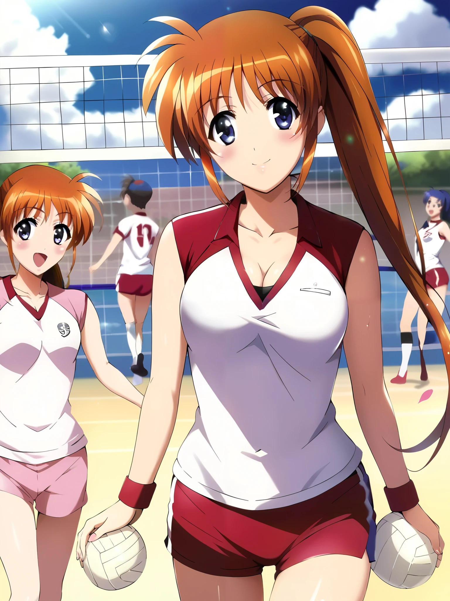 Nanoha, (cowboy shot),  small breasts, (volleyball uniform), ( sexy pose), (Red cheeks:1.2), cleavage, (bright smile:1.1), ( volleyball court), (indoor),  score_9,  score_8_superior,  score_7_superior,  source_anime, (best quality:1.2), 細部までこだわったanime,  high quality , full color, 8k,  high resolution
