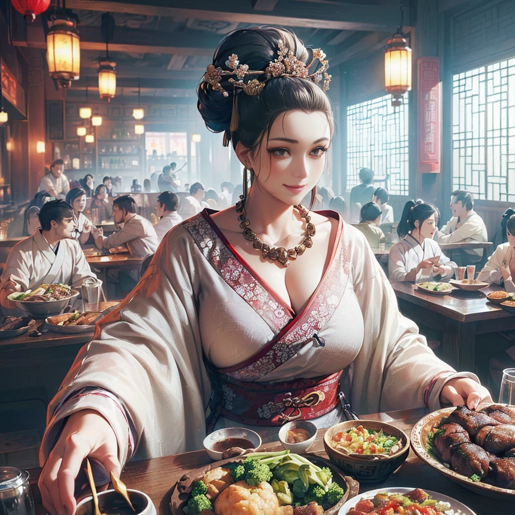 tmasterpiece,A high resolution,8K,CG animation,Detailed facial expressions,Large depth of field,Chinese big breasts(family),Chinese cuisine,At meal