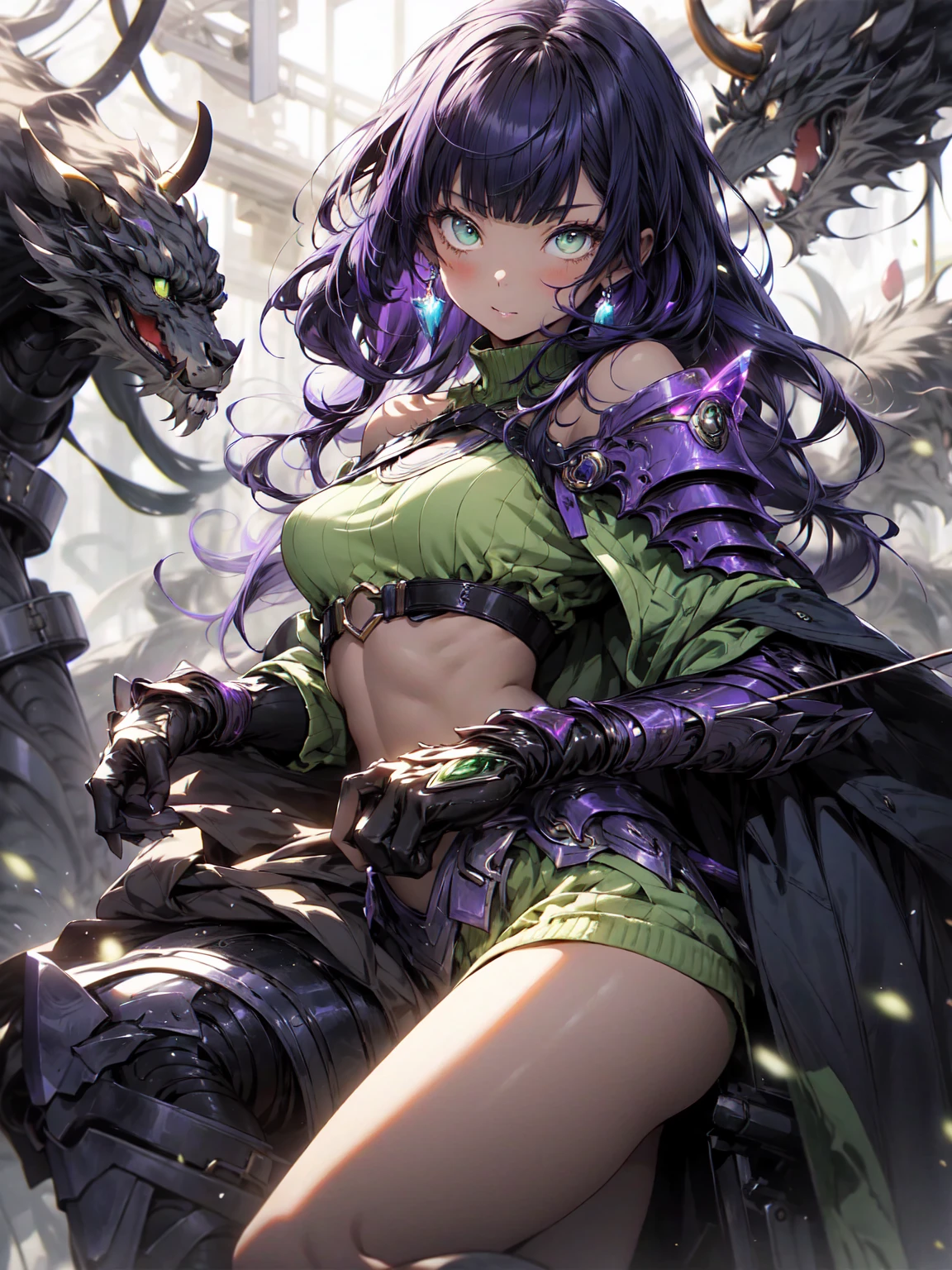 Be realistic,(masterpiece,Highest quality,Highest quality,Very detailed,Fractal Art,Most detailed,(Abstract background:1.5)(1 Girl),Kamimei,(紫色のLong Hair),(puppet, Light purple eyes, Purple Hair, Long Hair, Big Breasts、Toned Abature face、Stunned)、Abyss Stick、crystallization,bikini、High leg、Sexy、Purple Machine Armor、Sunburned skin、Demon Horn、mini skirt、There is a big wound