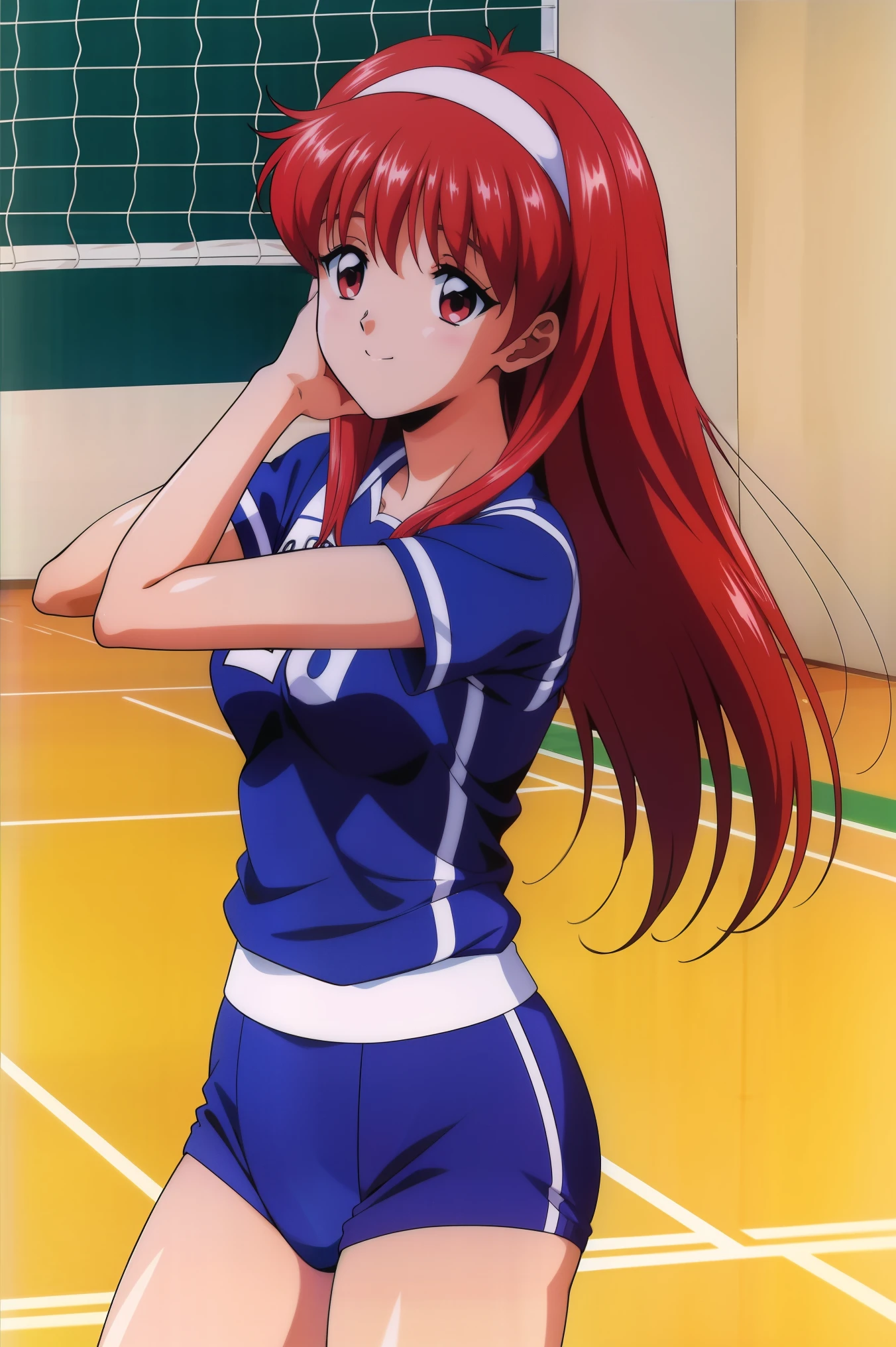 FujisaKishiori , (cowboy shot), Red Hair, long hair, Hair Band , red eyes, medium breasts, (volleyball uniform), ( sexy pose), (Red cheeks:1.2), (bright smile:1.1), ( volleyball court), (indoor), score_9, score_8_superior, score_7_superior, source_anime, (best quality:1.2), 細部までこだわったanime, high quality , full color, 8k, high resolution