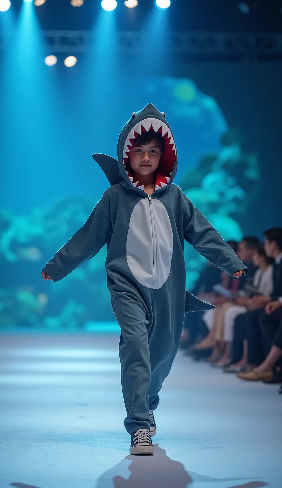 Cute baby with a very big head funny wearing a whale costume in a realistic full body fashion show