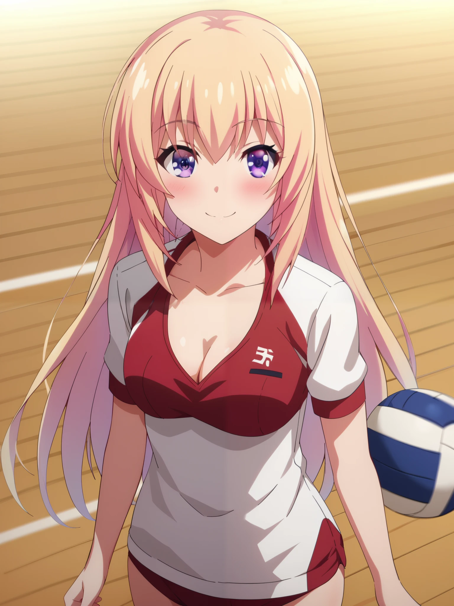 Honami Ichinose, (cowboy shot),  long hair,  small breasts, (volleyball uniform), ( sexy pose), (blush:1.2), cleavage, (bright smile:1.1), ( volleyball court), (indoor),  score_9,  score_8_superior,  score_7_superior,  source_anime, (best quality:1.2), 細部までこだわったanime,  high quality , full color, 8k,  high resolution