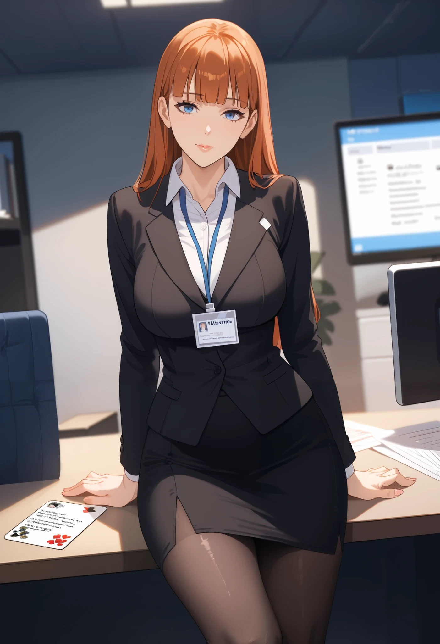 score_9, score_8_up, score_7_up, source_anime,masterpiece, best quality, very aesthetic, absurdres,cinematic lighting,1girl, mature female,milf,shiny skin,long hair
orange hair,blunt bangs,blue eyes,black pantyhose, black skirt, collared shirt,pencil skirt, skirt suit, ID card, lanyard, office lady, office background,