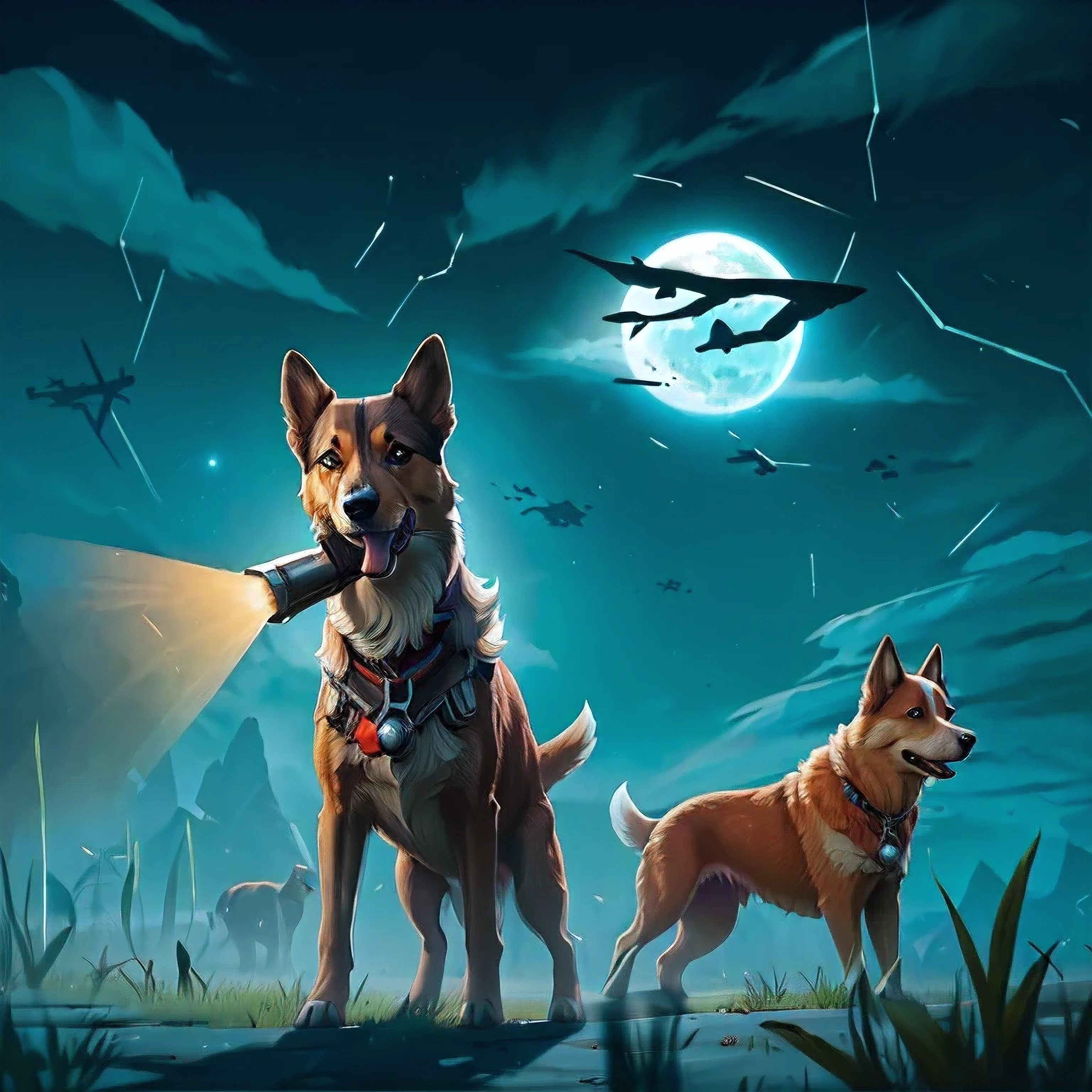 there are two dogs that are standing in the grass, game illustration, point-and-click adventure game, by Aleksander Gierymski, by Aleksander Kotsis, background artwork, by Tadeusz Pruszkówski, corgis in no man's sky, cyril rolando and goro fujita, by Aleksander Kobzdej