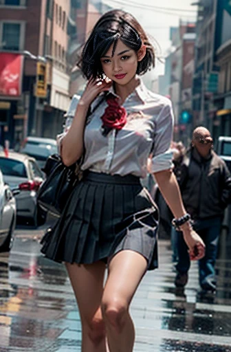 1 girl, by rubio, short hair, Blue eyes, White shirt, green tie, green skirt, City, rain, detailed background