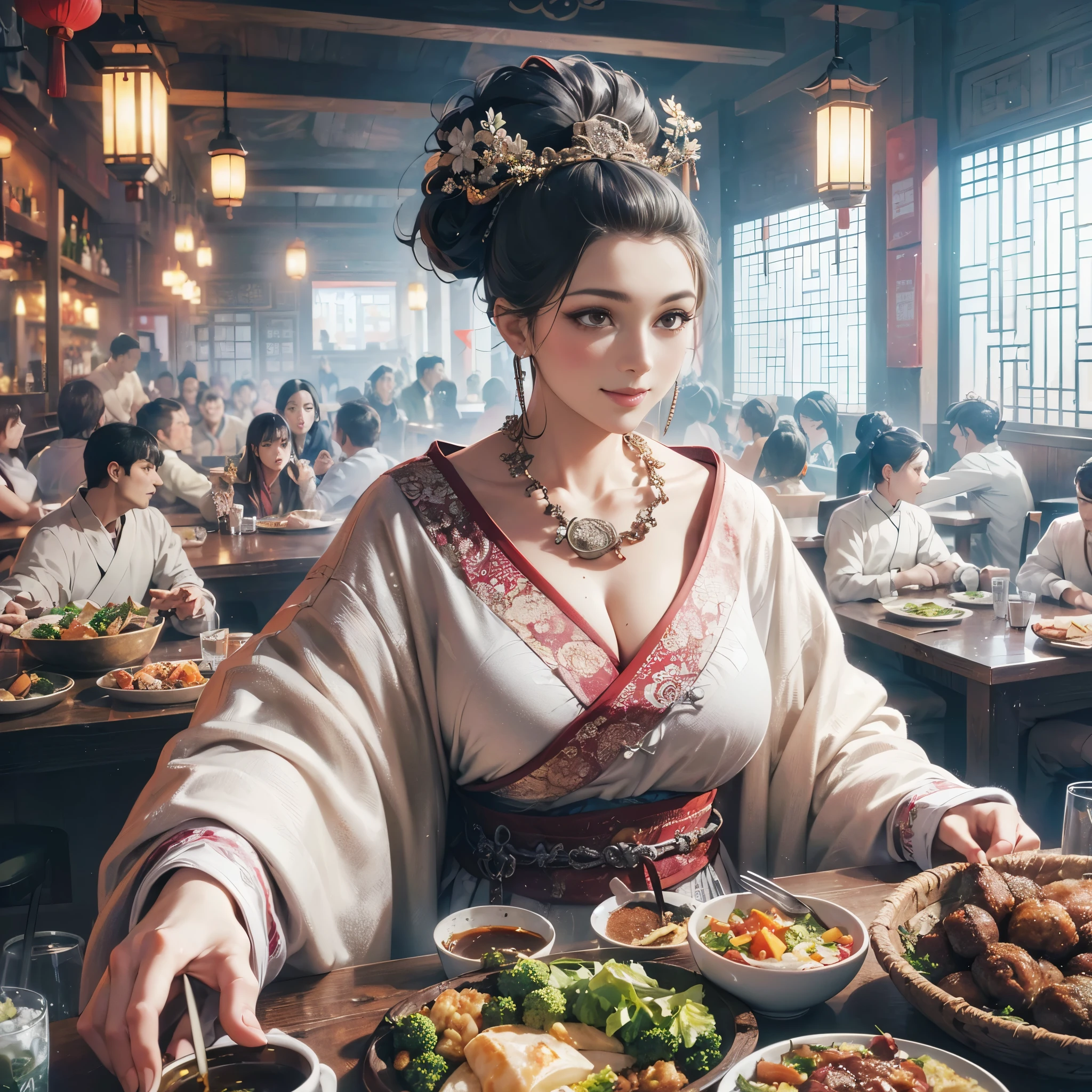 (masutepiece:1.2), (Best Quality:1.2), (high resolution:1.2), (beautiful face and eye:1.2), (sharpest focus:1.2), (Ultra-realistic Photo:1.2), (Ultra-precise Photo:1.2), (Depth of field:1.2), (perfect anatomy:1.2), (nice hands:1.2),
(very tall, broad-shouldered, large lady:1.2), (very beautiful lady in a bar in Song dynasty China:1.5), (large beautiful middle-aged woman with rolled-up sleeves and arms raised high serving a large quantity of food:1.5),
(pleasant smile:1.4), (a bustling, folksy bar:1.2),