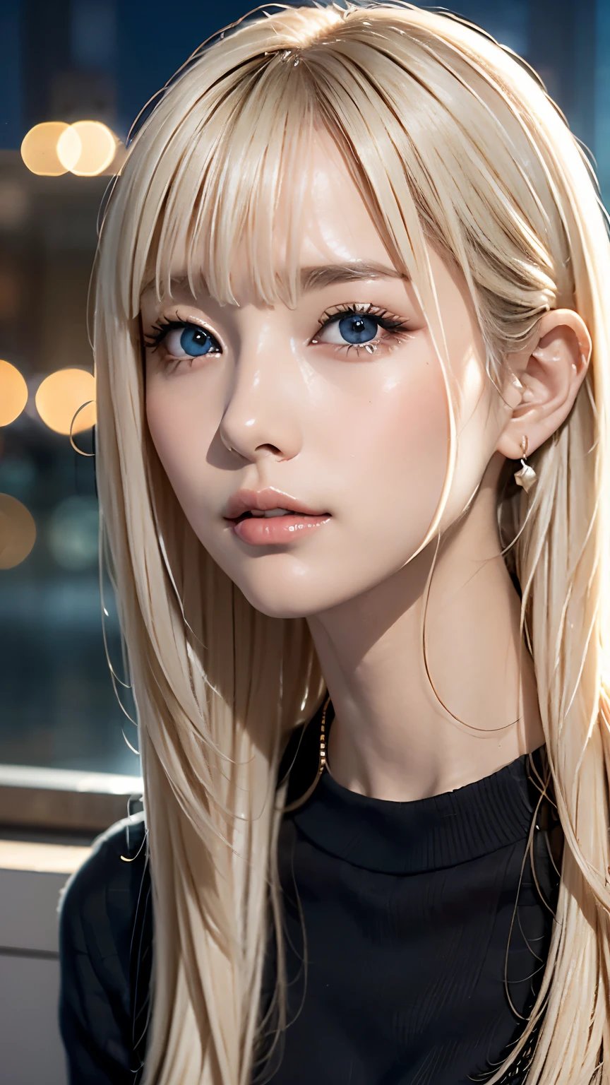 Platinum blonde silky hair、Masterpiece、 best quality 、 high resolution、 high resolutionの詳細写真、 professional lighting 、(((Tops)))、 bangs between eyes、Hair above the eyes、片Hair above the eyes、、 strike a pose、 portrait、 bright expression 、Like々white, Sparkling肌、Looks great、Blonde reflection、 dazzling highlights on platinum blonde hair、Bright and shiny hair,、 long straight hair 、Beautiful shiny bangs、Sparkling、 clear 、 charming big blue eyes 、 very beautiful ,  cute girl 、Bust of a Rich Man、(Black tight knitwear), night cityscape 