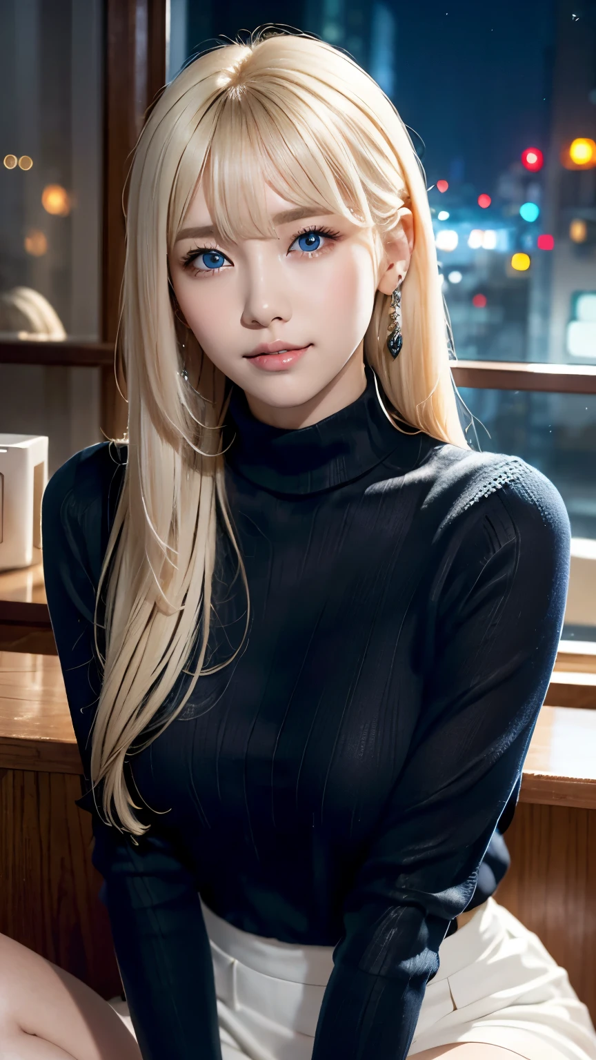 Platinum blonde silky hair、Masterpiece、 best quality 、 high resolution、 high resolutionの詳細写真、 professional lighting 、(((Tops)))、 bangs between eyes、Hair above the eyes、片Hair above the eyes、、 strike a pose、 portrait、 bright expression 、Like々white, Sparkling肌、Looks great、Blonde reflection、 dazzling highlights on platinum blonde hair、Bright and shiny hair,、 long straight hair 、Beautiful shiny bangs、Sparkling、 clear 、 charming big blue eyes 、 very beautiful ,  cute girl 、Bust of a Rich Man、(Black tight knitwear), night cityscape 