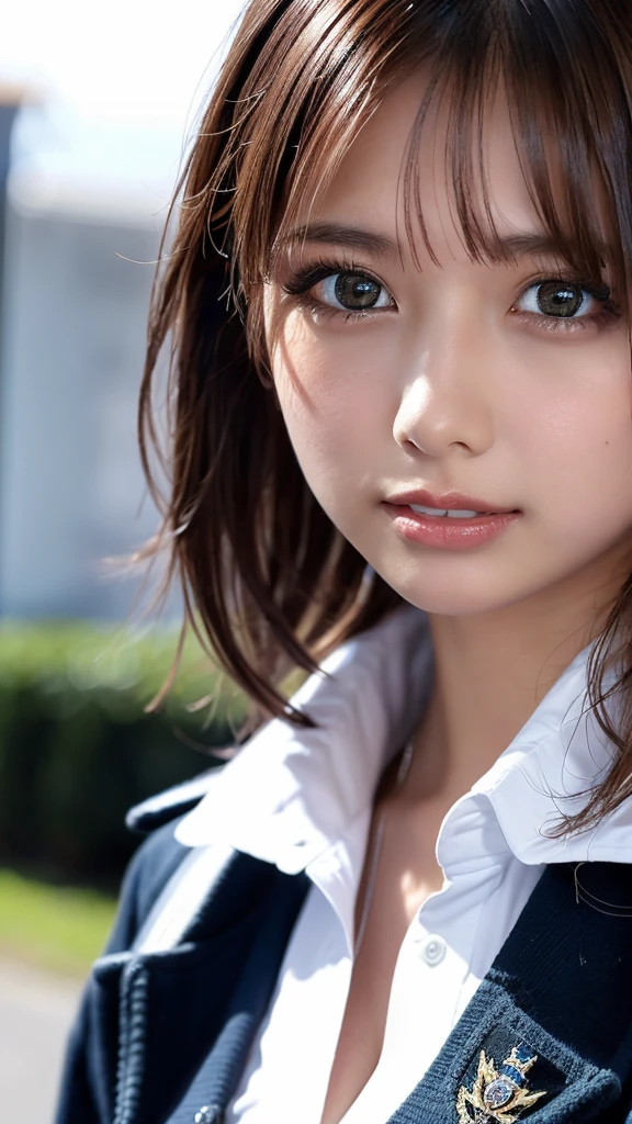 8k,Highest quality, masterpiece, Super detailed, 超High resolution, Realistic, RAW Photos, Absurd, The absolute solution, One girl, whole body ,Young and beautiful woman in Japan, Super cute face, Attractive person, Large Breasts , Long Bob Hair , (school uniform :1.3), machine ,Glossy Lips, Double eyelids on both eyes, Natural Makeup, Long eyelashes, shiny smooth light brown Long Bob Hair, Asymmetrical bangs, Glowing Skin, Center image, High resolution, Attention to detail, Detailed hairstyle, Detailed face, Great cinema lighting, Octane Rendering, Vibrant, Ultra-realistic, Perfect limbs, Perfect Anatomy,Black Hair
