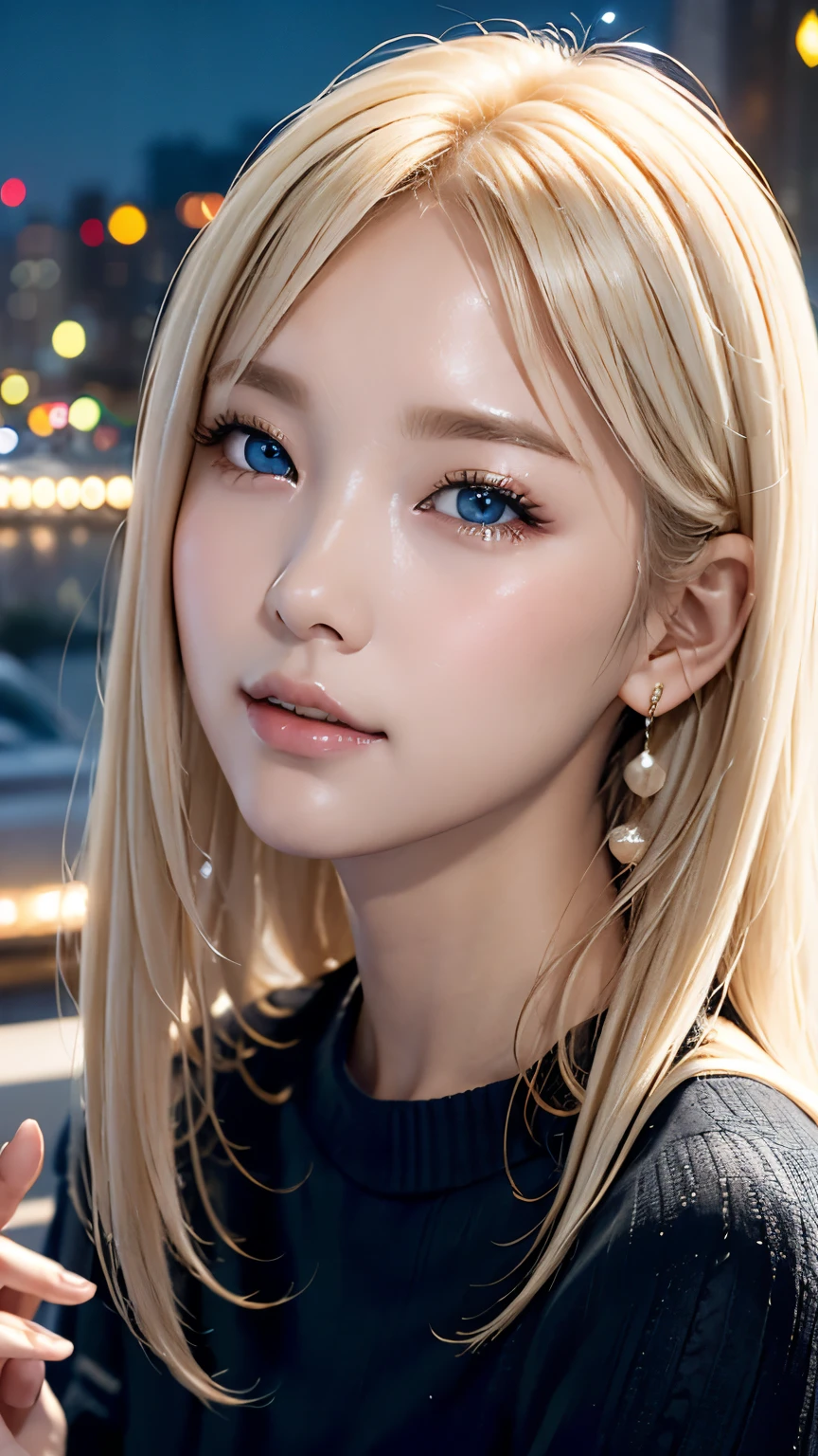 Platinum blonde silky hair、Masterpiece、 best quality 、 high resolution、 high resolutionの詳細写真、 professional lighting 、(((Tops)))、 bangs between eyes、Hair above the eyes、片Hair above the eyes、、 strike a pose、 portrait、 bright expression 、Like々white, Sparkling肌、Looks great、Blonde reflection、 dazzling highlights on platinum blonde hair、Bright and shiny hair,、 long straight hair 、Beautiful shiny bangs、Sparkling、 clear 、 charming big blue eyes 、 very beautiful , cute girl 、Bust of a Rich Man、(Black tight knitwear), night cityscape