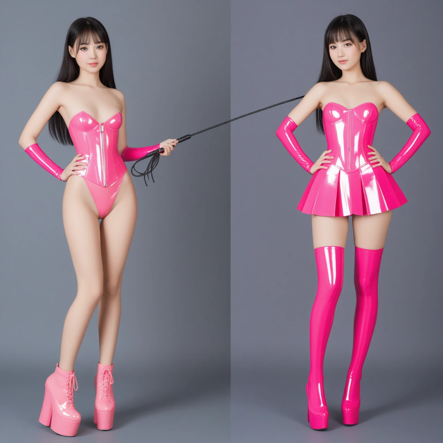 Extreme russian photomodel with wide hip and long legs with gap between legs, ((super long legs: 1.7)), super long messy pink hair, seductive cute sexy face, looking very young cute, (black slave choker), (sexy face full of Cum), cum shot, tiny , hard nipples, small nipples, Black tight  shiny transparent  latex very extreme high cut one piece swimsuit in a minimalist design ,((tight trensperant latex)), (over the hip tight extreme high_cut swimsuit), extreme mini transparent Black pink swimsuit , (long black shiny latex lace stockings), High Platform heels, ((25inch high heels)), full body picture, perfect picture, stunning, in a pink toy store with lots of toys and Barbiedolls in the background, barbie dolls in the room, colors White Pink Gold, 