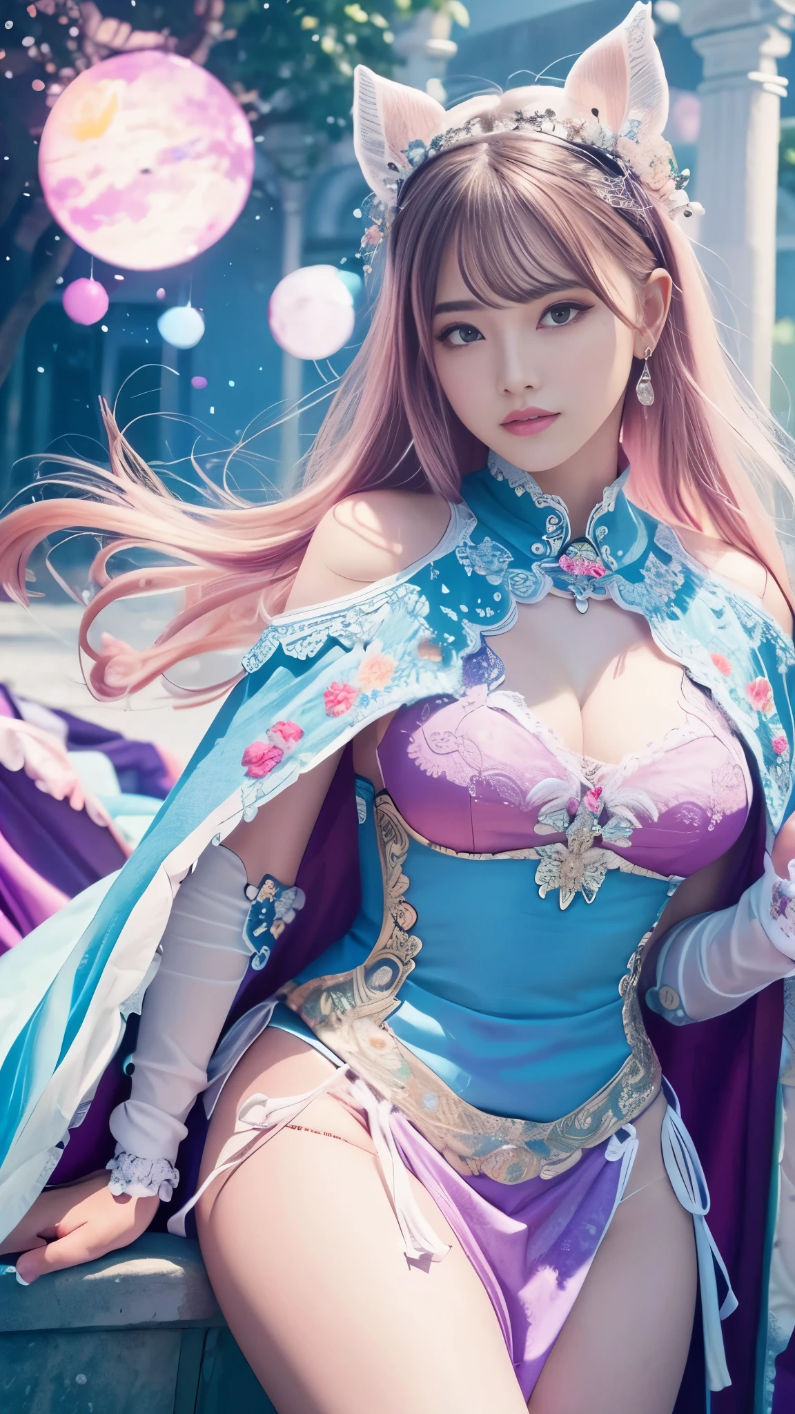 pink gypsy, masterpiece, best quality , ultra quality , absurd details , Extremely Detailed , high resolution,16k, 超 high resolution, particle effect , Beautiful Effects, bright color, Neon Lights,、超A high resolution 、 octane rendering、( super realistic details )、 portrait 、 Ultra Realistic Textured Face and Skin、( perfect anatomy)、 CGSoation Trends 、 Dark Fantasy 、Knee、 Intricate Detailed Backgrounds、 photorealistic:1.4、 beautiful symmetrical face 、 very delicate and detailed、Upper teeth、Lips that are too thick:1.8、Cape、flat chest:1.8、Too thin waist:1.3、Knee、Mesh fabric、with bore、
