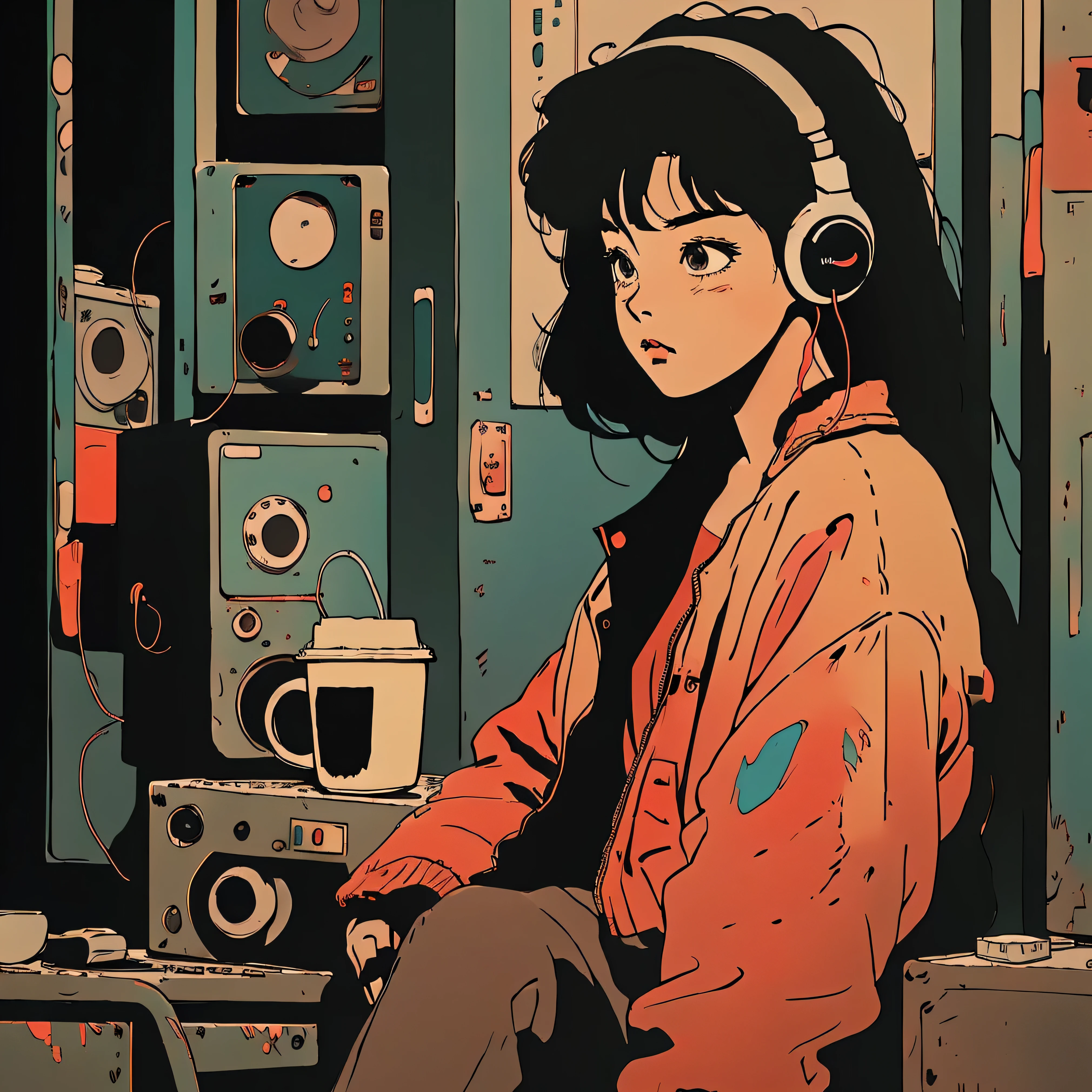night、 coffee, Using headphones, 2D Style Anime, Lo-Fi, hard disk, Dark Environment, Emotional Beautiful woman listening to music