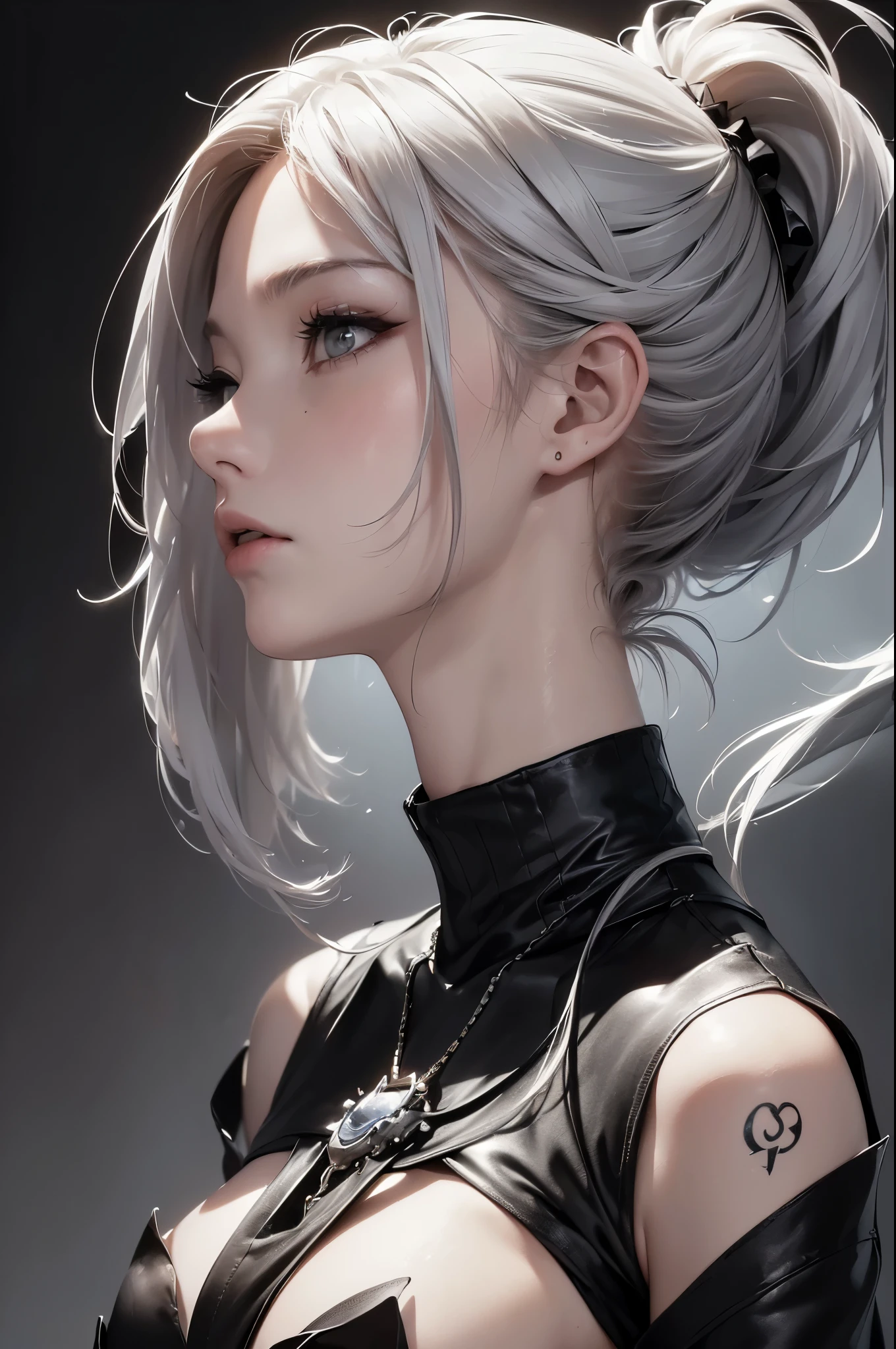 (Image from chest up:1.4)((masterpiece:1.5,Highest quality,Beautiful images、2.5D、Abstract、artistic、Portraiture, black and white theme))(one person, Alone)(Medium chest, sideboob, turtleneck、Gray Hair、Bob Hair、Expose your shoulders、Shoulder Tattoo, slender body shape)(Profile Portrait,Look at me sideways、Look at an angle、shake your head、Sad look, Floating Hair)(Monotone artistic background、Plain background)((From the side:1.5)),

