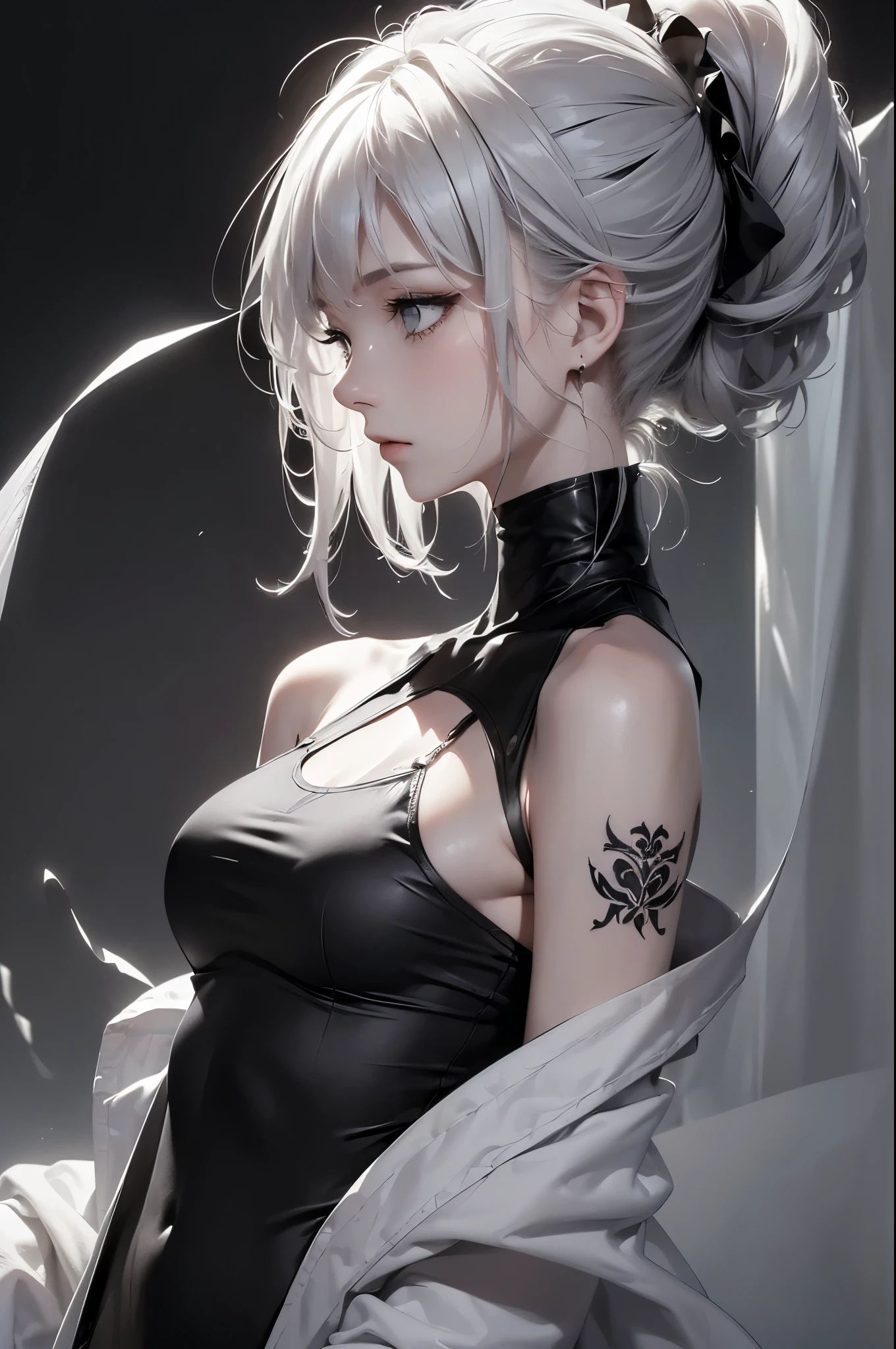 avant-garde art(Image from chest up:1.4)((masterpiece:1.5,Highest quality,Beautiful images、Realistic、3d、Artistic))(1girl, solo)(medium breasts, Silver Hair、short hair、Beautiful cleavage、sideboob、Exposing shoulders、Tattoo on shoulder)(Profile portrait,Gaze sideways、Gaze diagonally、Shake your head、Smile, floating hair)(Monotone Abstract Background)((from backside:1.3))((Monotone costumes))