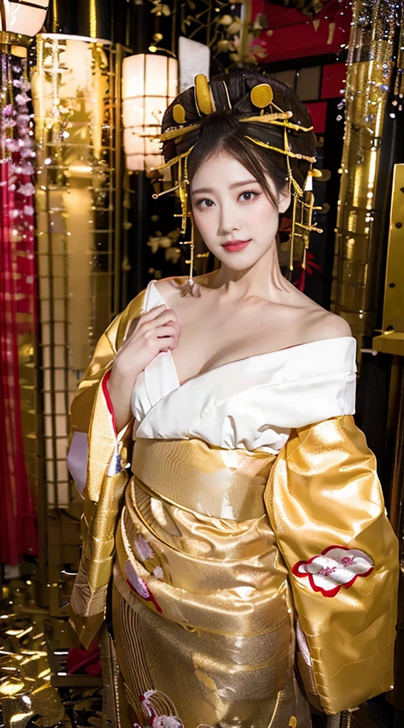 Top quality, detailed details, masterpiece, official art, movie lighting effects, 4K), (1girl, Japanese, beautiful oiran, solo, sports, oiran costume, looking at viewer, smile, front view, oiran makeup, Headgear), (Accurate Anatomy: 1.5), Bewitching, sexy, erotic woman, beautiful face, perfect face, big eyes, perfect proportions, huge breasts, thin waist, navel, big butt, gap between the legs, Thighs, relaxed pose, white background, (Paper Art, Quilting Paper Art: 1.2, Geomarti: 1.1, Zentangle), 3D rendering), (Very colorful),