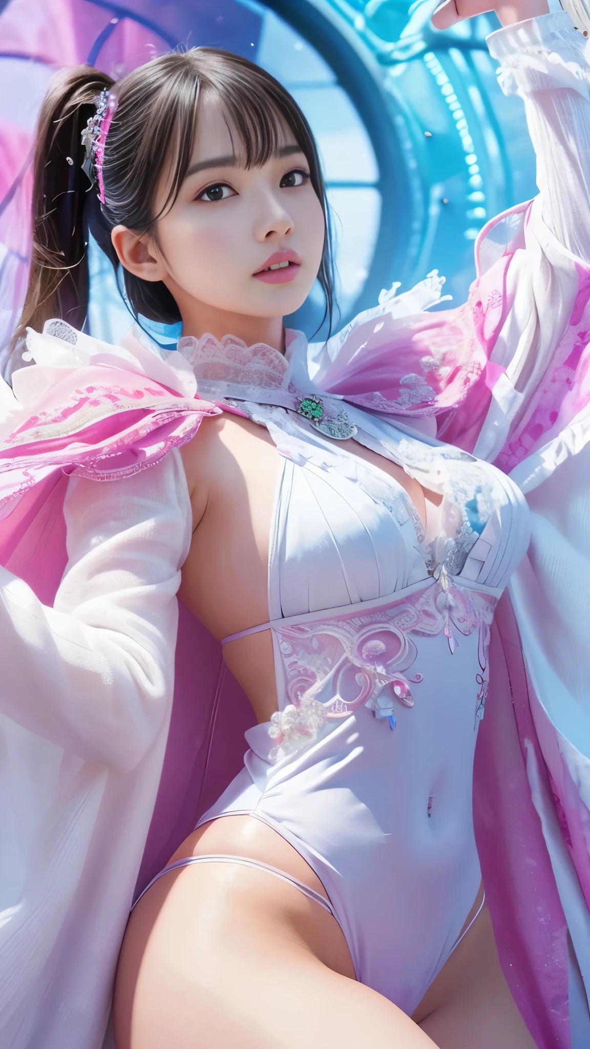 pink gypsy, masterpiece, best quality , ultra quality , absurd details , Extremely Detailed , high resolution,16k, 超 high resolution, particle effect , Beautiful Effects, bright color, Neon Lights,、超A high resolution 、 octane rendering、( super realistic details )、 portrait 、 Ultra Realistic Textured Face and Skin、( perfect anatomy)、 CGSoation Trends 、 Dark Fantasy 、Knee、 Intricate Detailed Backgrounds、 photorealistic :1.4、 beautiful symmetrical face 、 very delicate and detailed、Upper teeth、Lips that are too thick:1.8、Cape、flat chest:1.8、Too thin waist:1.3、Knee、Unconventional、Degrees of Freedom:1.5、