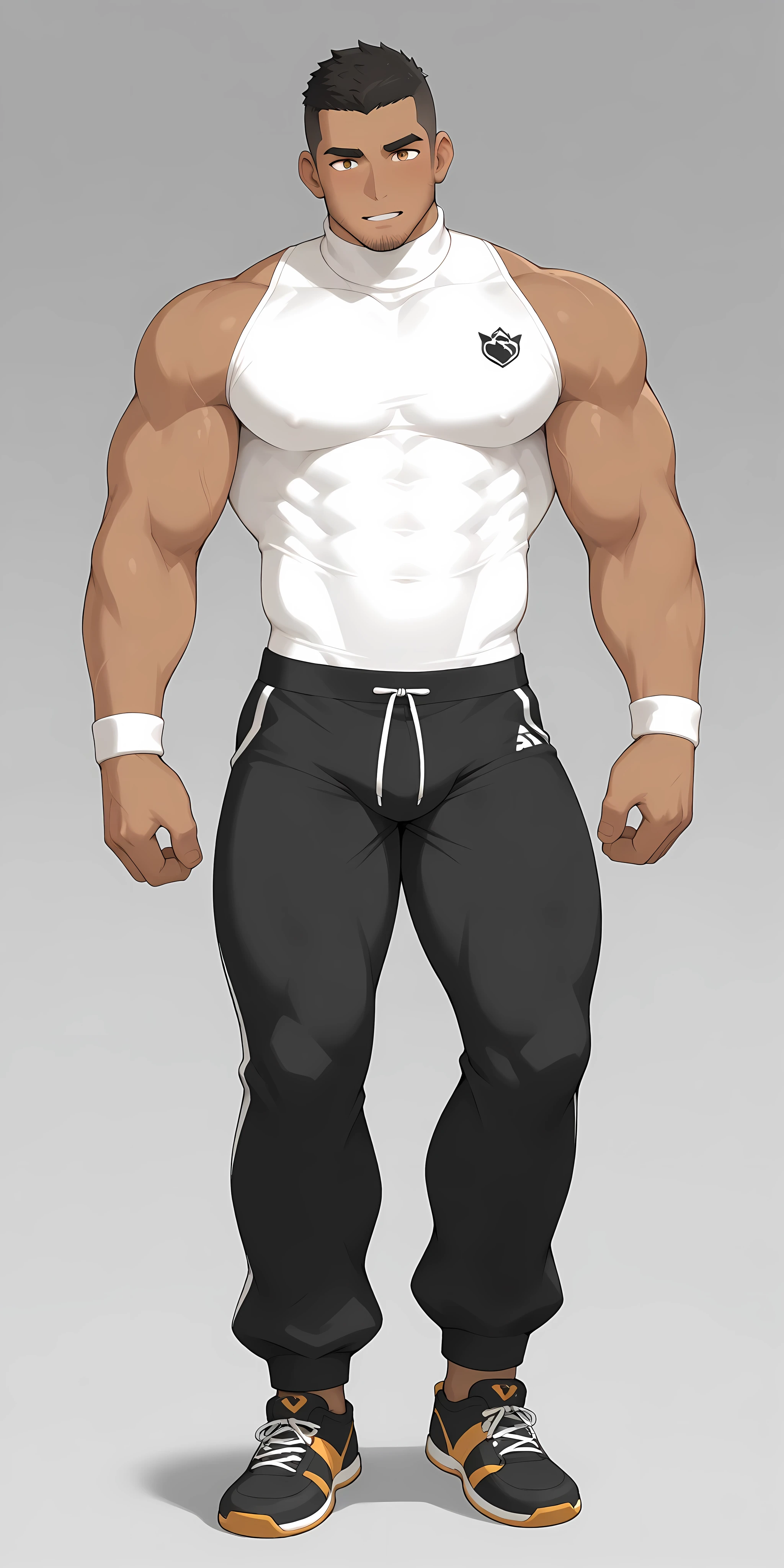 Full body in image, masculine pose, unique hair, casual black t-shirt, white harem pants, slender male body, short hair, hot body, sexy male body, dynamic pose, detailed pose, simple background, expressive face, focus on face, line art, sketch, tall guy, pose, full body portrait, male character, full body character portrait, single character full body
