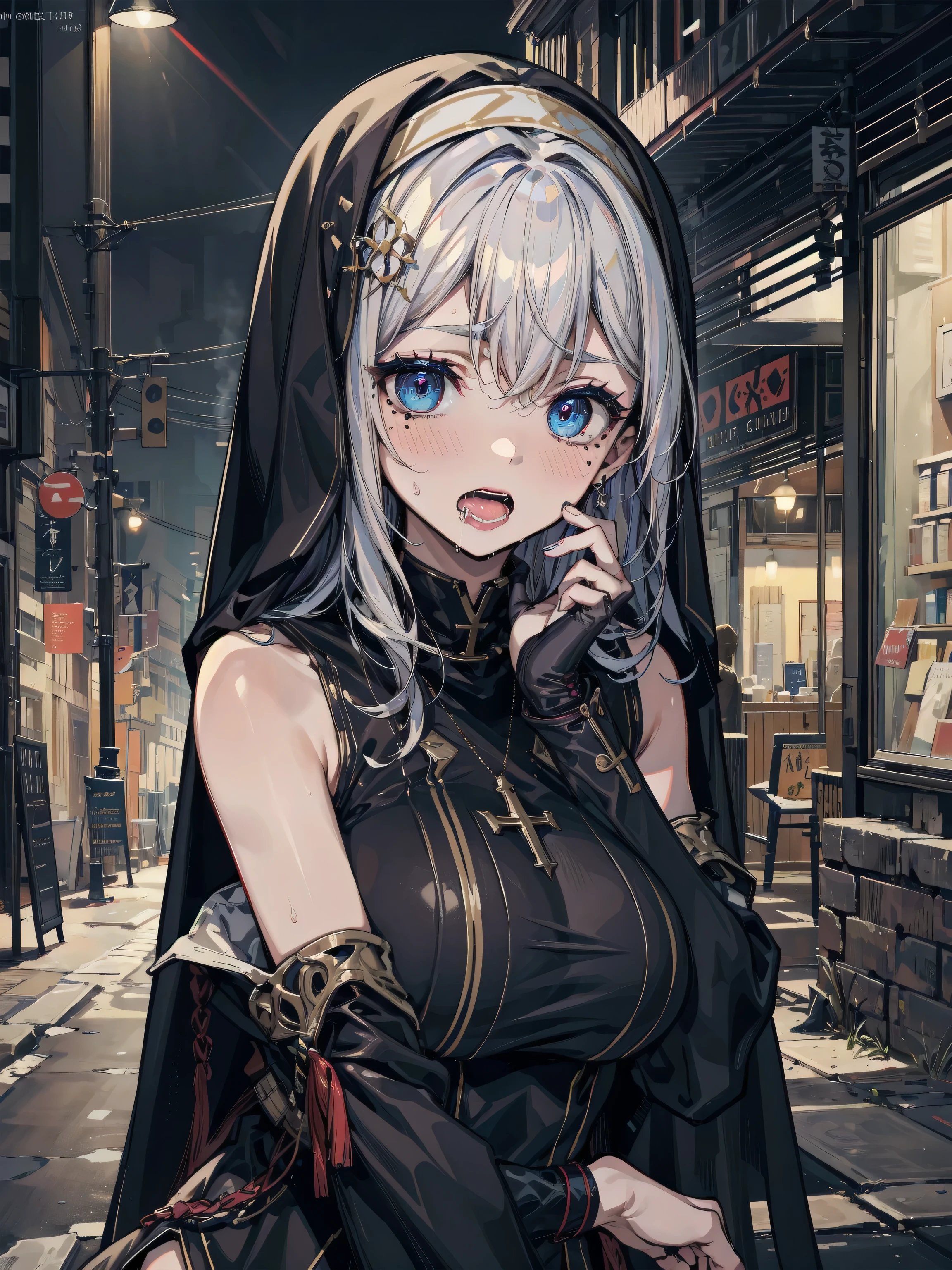 ((nun:1.3,woman)),((Clothes,button-down)),((See-through dress:1.0)),{Mature Woman},(Ecstasy:1.2),((tears:1.1)),Professional Illustration,{Squint eyes},Very detailed, Dynamic Angle, ((Perfect hands)), Smooth, lustrous skin, Thin Hair, Beautiful Eyes, Great background,Cinema Lighting, Ray Tracing, Sacred Light, perspective,(lace panties),(At church),(Embarrassing,blush),(Ahegao:1.2),hair, ((((Red eye)))) ,squatting, legs apart, tied back with a rope, chained, hands chained, Bondage, slave collars, chains around the neck, in a dark basement, cobblestones with an eerie cold atmosphere, tied behind the hands with ropes, ((silver big chains, hung by chains, pulled up by chains)), ((Restraints, slaves)), contempt, tears, shackles, shackles, charm, submission, necklaces, oily skin,