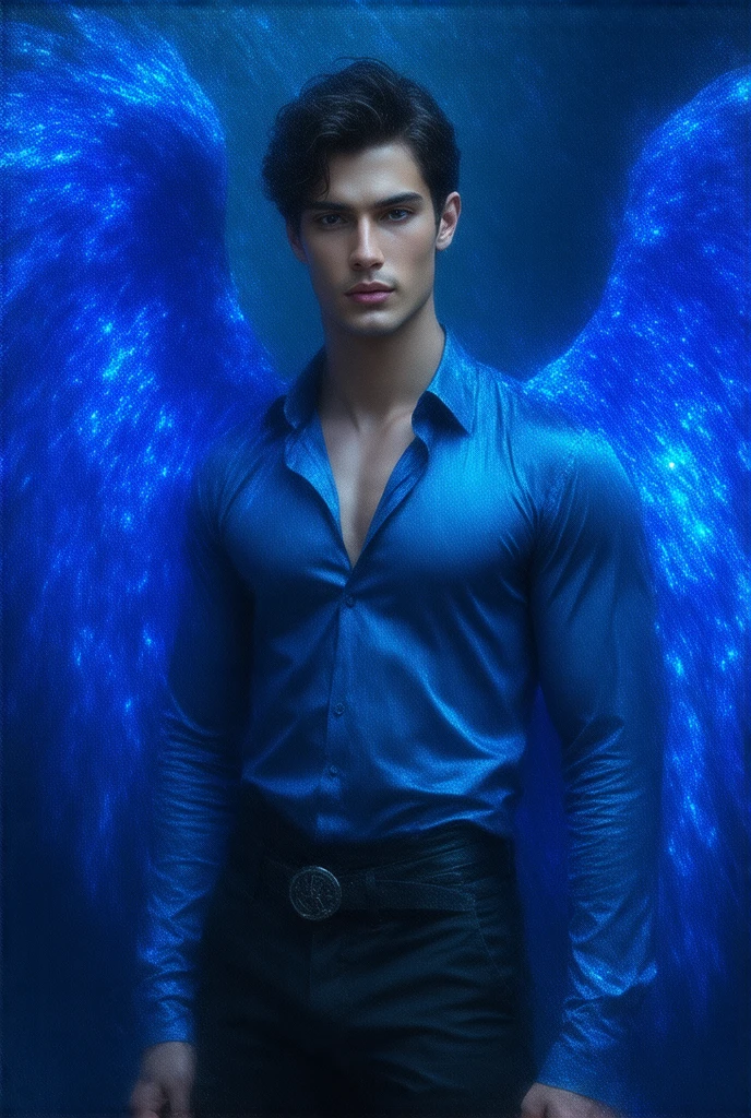 (1980s anime), (Cosmic Fallen Angel: 1.5), (masterpiece, high resolution, detailed:1.3), a mesmerizing depiction of a (strikingly handsome young man:1.5, (face: Matthew Daddario)) donning (cosmic print shirt and black brief, bulge:1.5), (open shirt showcasing chest and abs: 1.5), gorgeous, beautiful, wet, muscular, perfect eyes, sexy gaze, looking at the viewers romantically, perfect bare body, smooth skin, wide chest, largest breast, extremely large pectorals, big nipples, breathtaking grandeur, best quality, Biomechanical, eerie, Creepy, nightmarish, Very bright colors, Light particles, with light glowing, Mshiff, wallpaper art, UHD wallpaper, his (toned physique:1.5) is bathed in the soft glow of distant stars, and a hot glow in his skin, creating an otherworldly aura. As he sexually gazes out into the depths of space, his (intense blue eyes:1.2) reflect the wonder and curiosity of his cosmic journey. The intricate details of his attire and the (subtle gleam:1.2) on his skin are meticulously captured, lending an air of realism to the scene. (Sexiest posture: 1.5)
