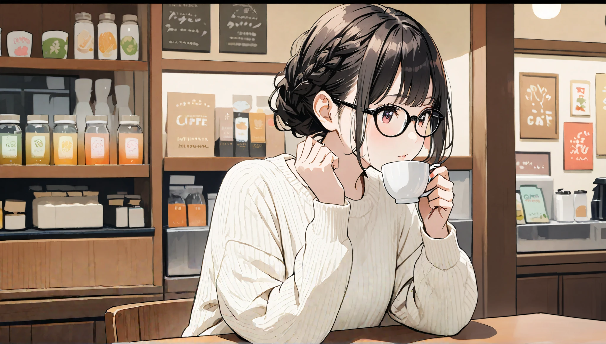 ((Drinking tea in a cup)),( water color )),masterpiece, ((())),Contemplative expression、Highest quality, Beautiful attention to detail, Very detailed, In detail, High resolution, Perfect Anatomy, , , girl, (one person:1.5), alone, (Braided hairstyle for black hair),(( Black Eyewear))、 ( wearing a white sweater), ((simple coffee shop background))), Background, (City Pop anime), Kyoto Animation, ,anime,