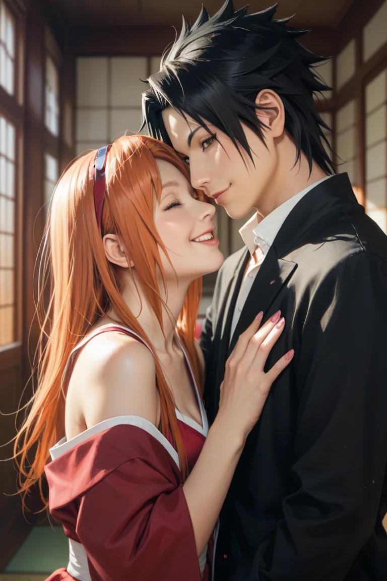 Redhead man in Ninja suit and redhead woman in kimono in a passionate intimate moment outdoors young and handsome both   