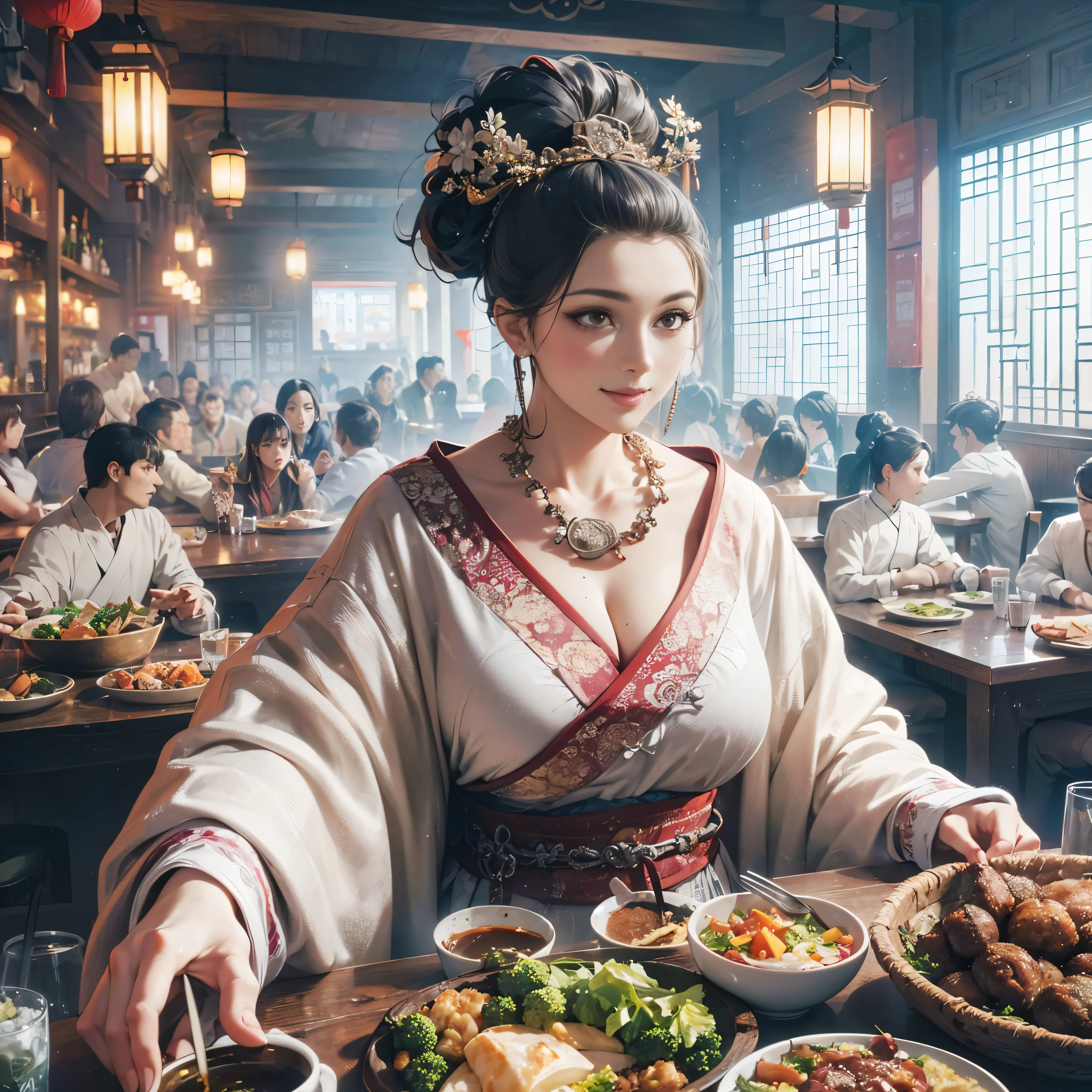 (masutepiece:1.2), (Best Quality:1.2), (high resolution:1.2), (beautiful face and eye:1.2), (sharpest focus:1.2), (Ultra-realistic Photo:1.2), (Ultra-precise Photo:1.2), (Depth of field:1.2), (perfect anatomy:1.2), (nice hands:1.2),
(very tall, broad-shouldered, large lady:1.2), (very beautiful lady in a bar in Song dynasty China:1.5), (large beautiful middle-aged woman with rolled-up sleeves and arms raised high serving a large quantity of food:1.5),
(pleasant smile:1.4), (a bustling, folksy bar:1.2),