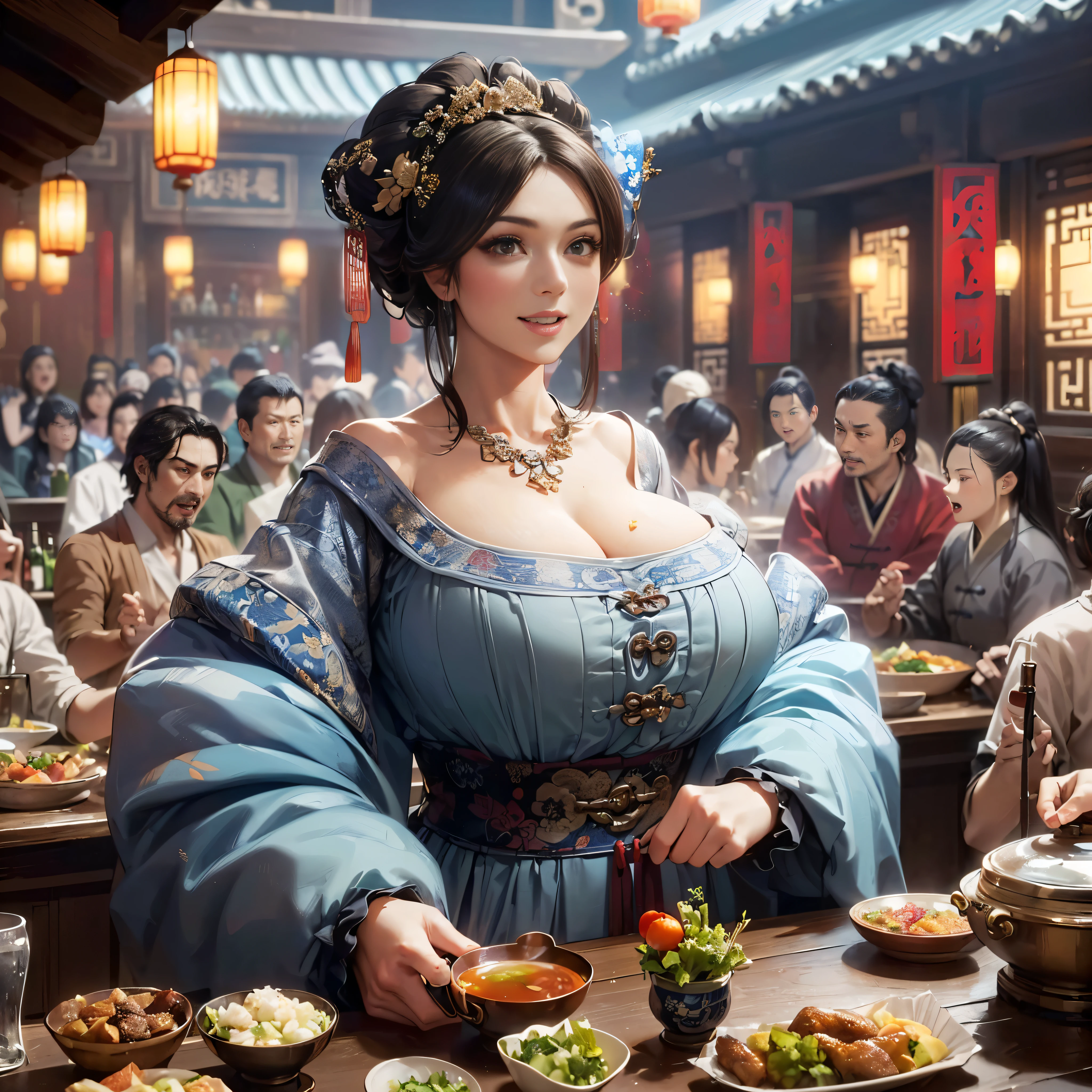 (masutepiece:1.2), (Best Quality:1.2), (high resolution:1.2), (beautiful face and eye:1.2), (sharpest focus:1.2), (Ultra-realistic Photo:1.2), (Ultra-precise Photo:1.2), (Depth of field:1.2), (perfect anatomy:1.2), (nice hands:1.2),
(very tall, broad-shouldered, large lady:1.2), (very beautiful lady in a bar in Song dynasty China:1.5), (large beautiful middle-aged woman with rolled-up sleeves and arms raised high serving a large quantity of food:1.5),
(pleasant smile:1.4), (a bustling, folksy bar:1.2),