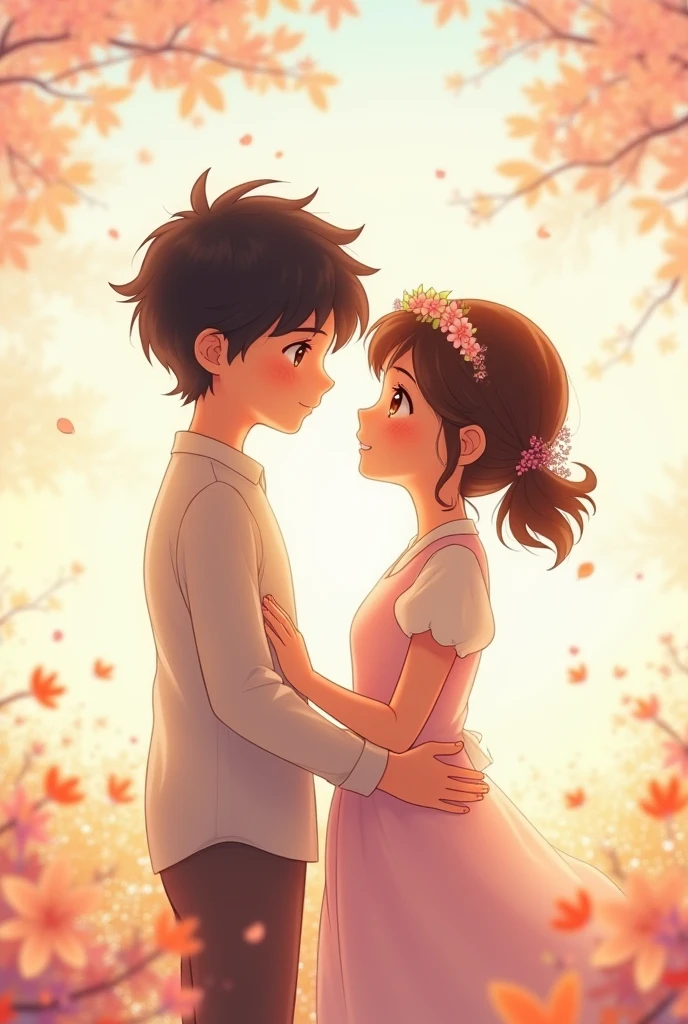 A boy and girl fall in love anime character and lovely background for youtube thumbnail