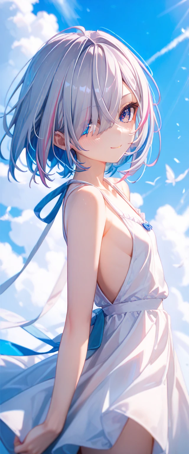 4K,8K,(masterpiece), (Highest quality), (Very detailed), (Disheveled Hair), (shape), (topless), Are standing, Fashion Model,Silver Hair、whole body、 Looking at the audience, (interview), (Simple Background), Beautiful and beautiful eyes, Delicate and beautiful face, floating, (High saturation), (topless), topless, (Shine), Focus on the face, ponytail, Ayaka Kamisato, Light blue hair, bangs, Hair Ring, floating flowers, floating hair, (The Shining), Best lighting, Best Shadow, topless