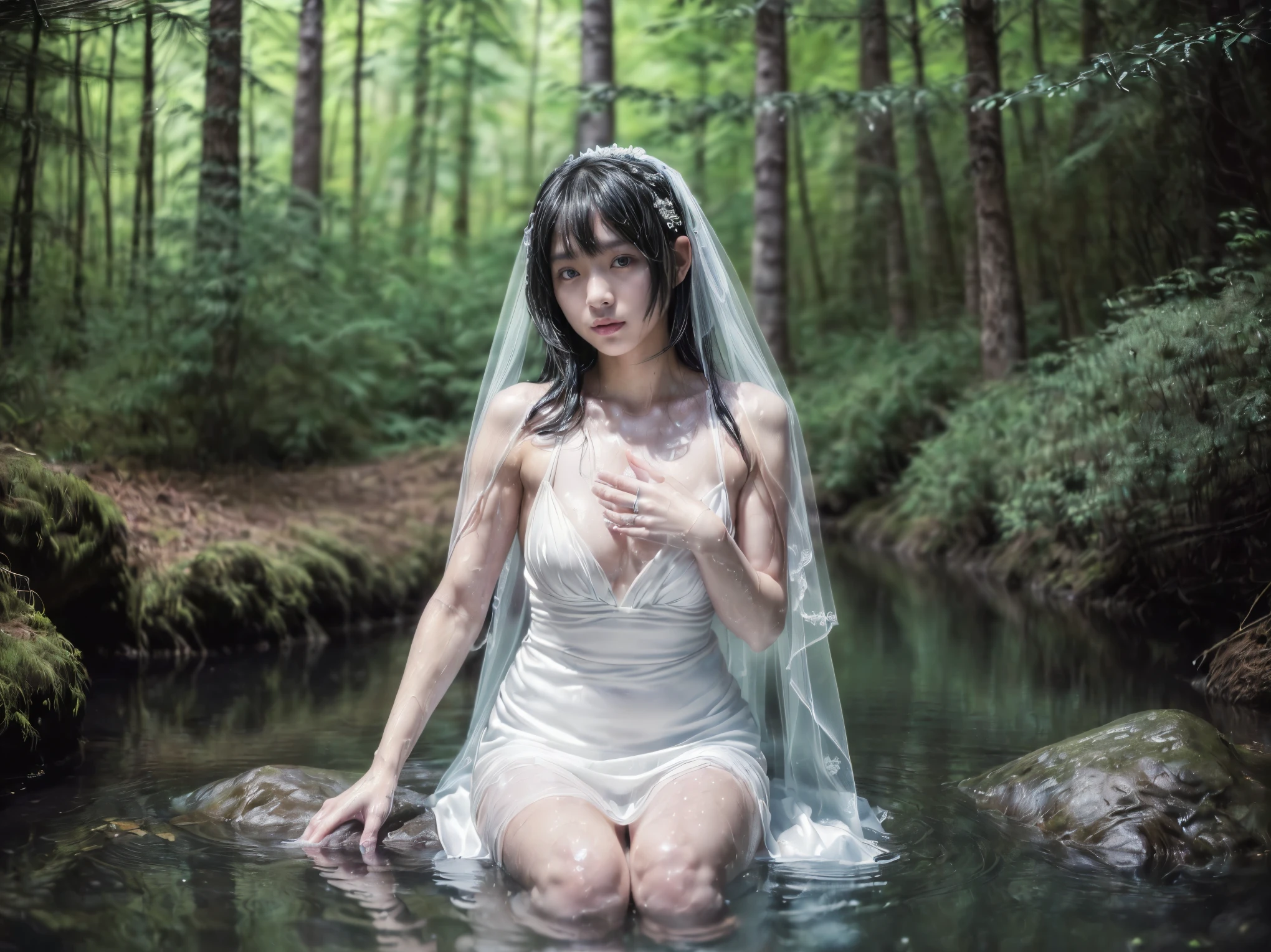(((8K1.4)))、((((nsfw)))((( Masterpiece 1 .4)))、(((wlop1.4、)))、((( Best quality 1.4、)))、(((Very detailed 1.4)))、(((Low Angle Shot 1.4)))、((( bathingする美女1 .4)))、(((Perfect Shading)))、((( full body shot ))) 、((( 1 photo、)))、((( Commercial Photography )))、(((50mm film )))、(((Japanese Woman 1.4)))、(((Deep in the forest、 Dark Forest 、A beautiful woman bathing )))、((( barefoot、corolla.White Veil 、 white dress )))、(((Bride 1 .4))、((Front angle 1 .4 )))、((( Standing 1 .4)))、((( BM I 24 .0 )))、((( bathing )))、(((Small Breasts 1.4)))、(((Female body )))、 ((( attractive body )))、((( this is a super realistic masterpiece 、)))、((( COMPLETE ANATOMY )))、((( Black Hair 1.4、 length、pattsun maegami )))、((Attractive lines)))、((( sweaty body、Sweaty skin)))、((( Age 25)))、((( 5 finger body 1 .4)))、(((Sweaty skin 1.4))).((( Real Me ST My C Dense Skin )))、((( very cute face )))