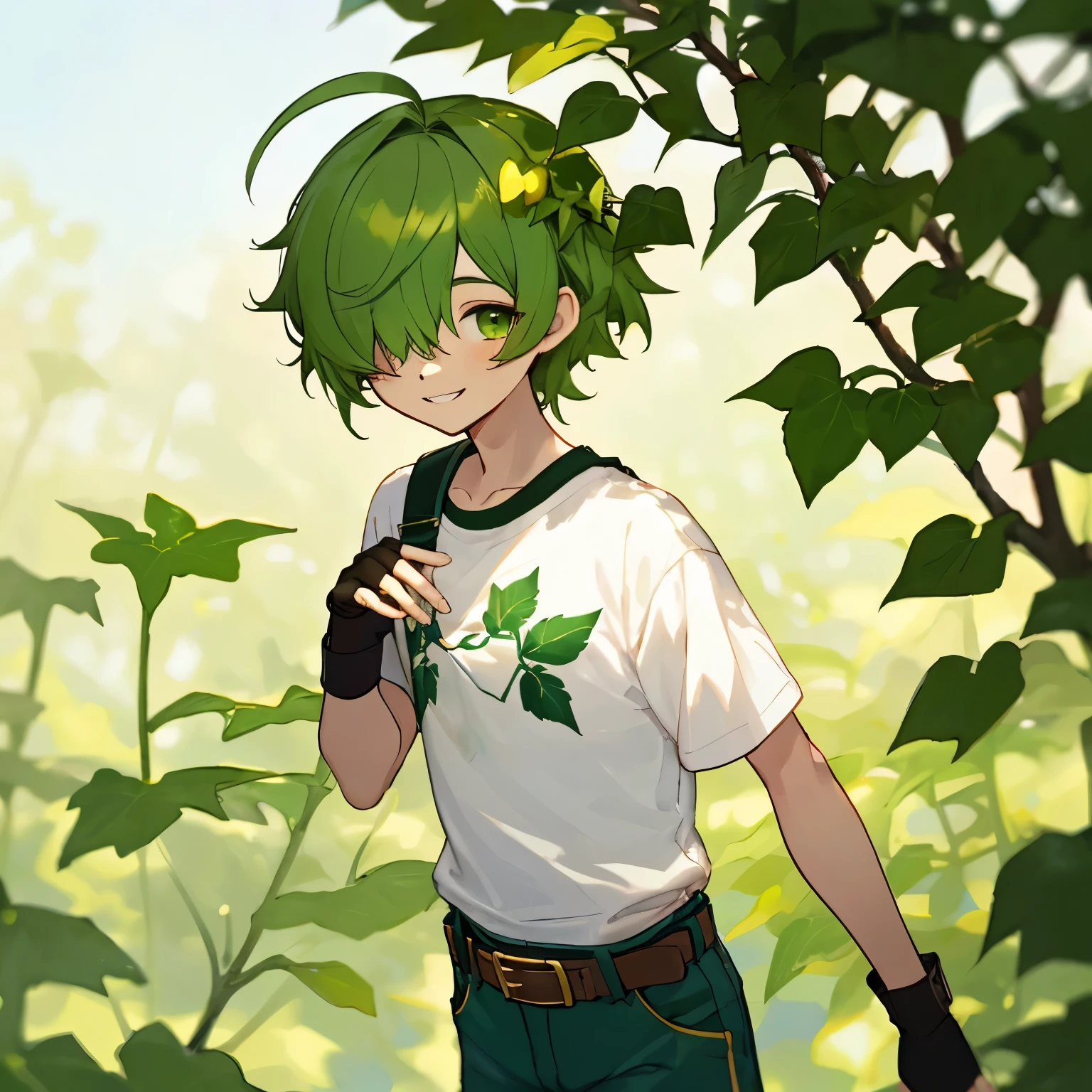 (boy), Dryad, green ivy hair, green eyes, short cut, side part, ahoge, hair over one eye, thin eyebrows, young, smiling, alone, short, Shota, pants, pail yellow T-shirt, plant hair accessory,  short pants, casual clothing, fingerless glove, belt, Solo, with a left hand bow, upper body