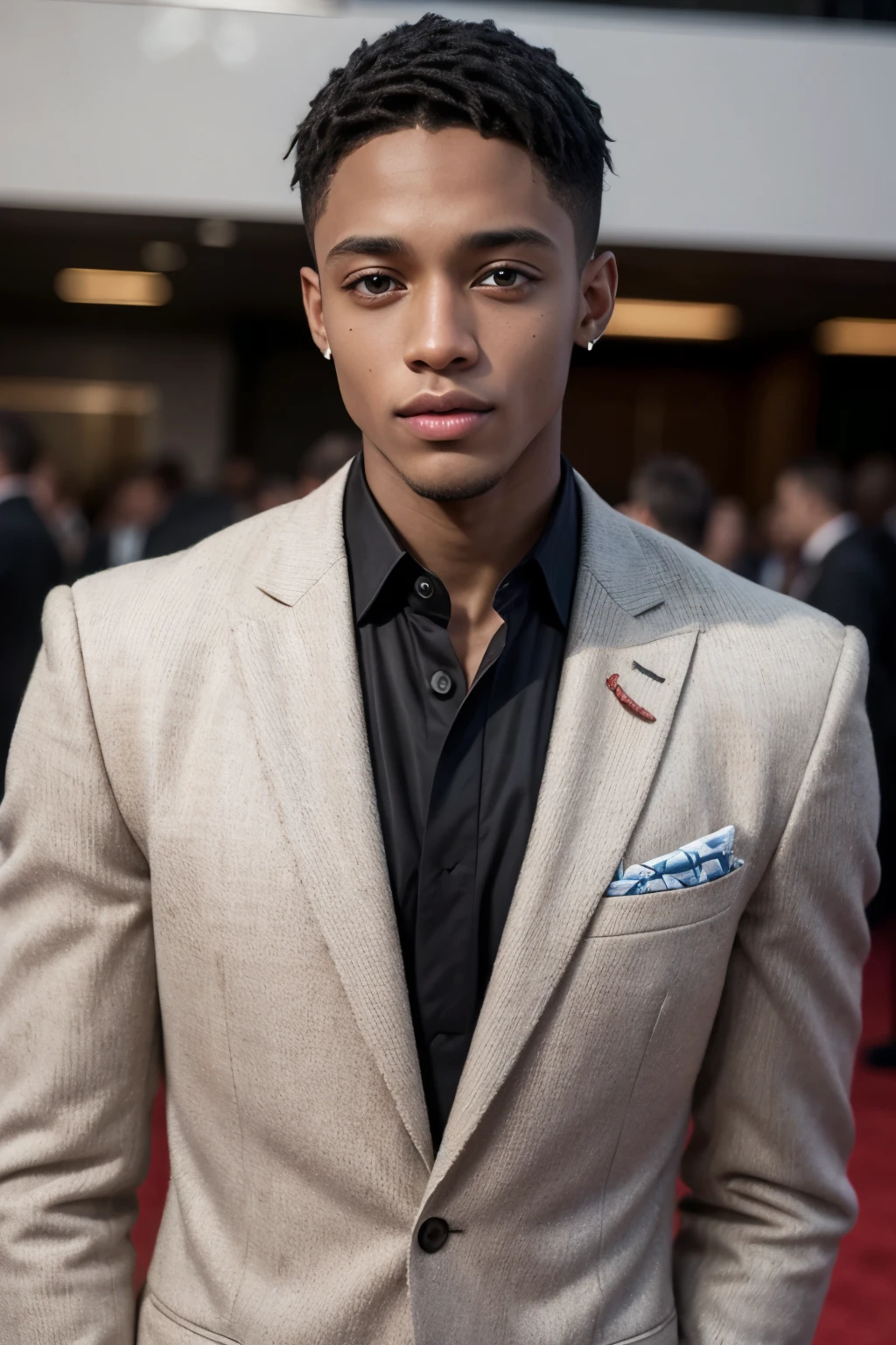 Portrait of a fancy teenage male, , and tan skin, have a fancy and modern design of clothes, Red, brown skin, giving a Marilyn Monroe Vibe, Sedductive beautiful male