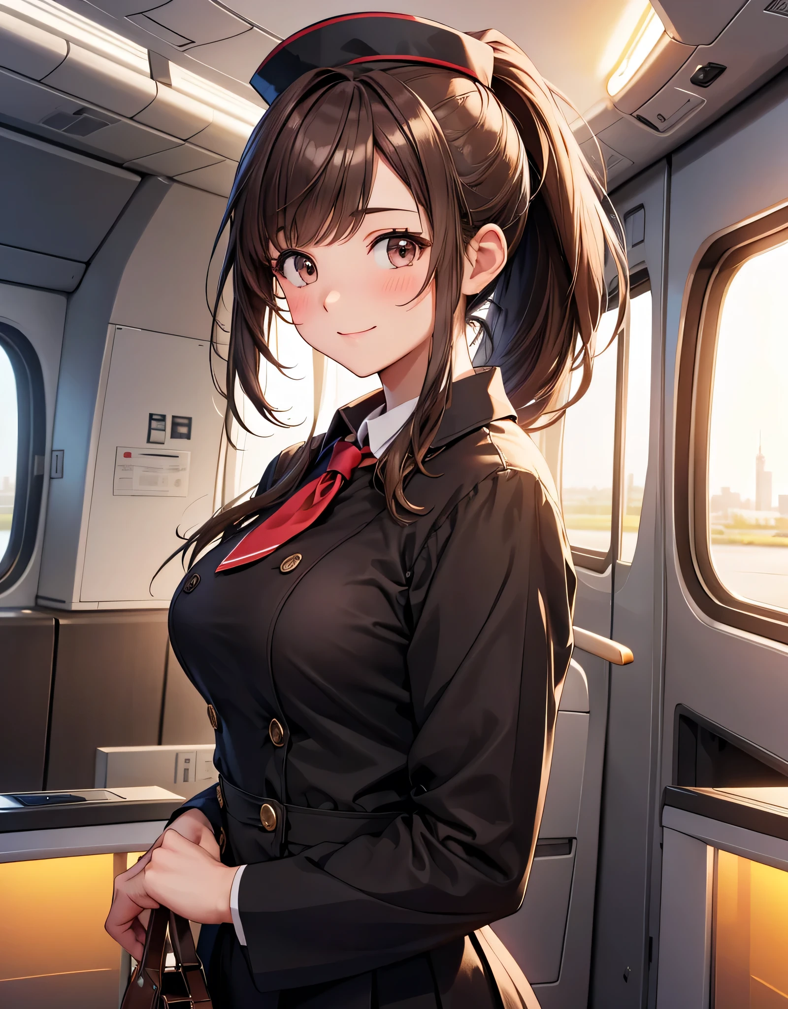 One Girl , alone, high resolution, big breasts, Look away, blush, smiles, long hair, bangs, brown eyes, high resolution, masterpiece, accurate, anatomically correct, won numerous awards, 最 High Quality , High detail , high image quality model, High Quality , retina, very detailed, Ultra Fine, brown hair, , (( cabin attendant)), Highlight the whole body, airplane background , laughs, Tie your hair back, cabin attendant uniform , JAL,All Nippon Airways, , One Tail,(((( ponytail)))), Cabin Attendant Hat,