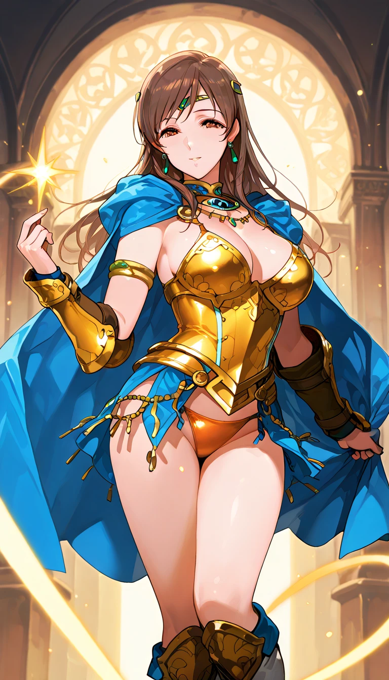 Lian, light brown hair, hair stick, bangs, blue eyes, solo, smiling, standing, upper body, hips, bare shoulders,purple thighhighs, violet dress, gold jewelry,armor,gloves,circlet, cleavage, red and gold royal castle, gigantic breasts, (best quality, masterpiece, beautiful and aesthetic:1.2, highest detailed face, perfect face,) eyes, perfect face,expressive eyes,
looking at viewer, in the center of the image,(Upper_body),(Focus on her face),
official art,extremely detailed CG unity 8k wallpaper, perfect lighting,Colorful, Bright_Front_face_Lighting,shiny skin,
(masterpiece:1.0),(best_quality:1.0), ultra high res,4K,ultra-detailed