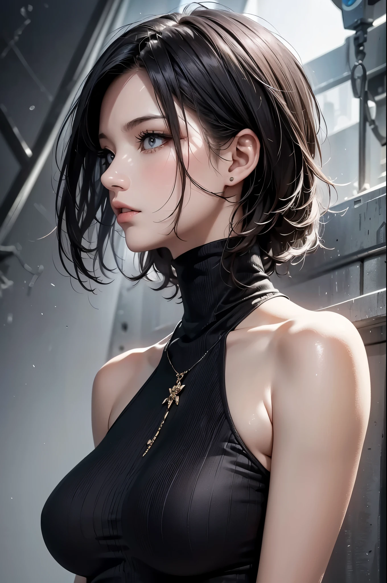 (Image from chest up:1.4)((masterpiece:1.5,Highest quality,Beautiful images、2.5D、Abstract、artistic、Portraiture, black and white theme))(one person, Alone)(Medium chest, sideboob, turtleneck、Gray Hair、Bob Hair、Expose your shoulders、Shoulder Tattoo, slender body shape)(Profile Portrait,Look at me sideways、Look at an angle、shake your head、Sad look, Floating Hair)(Monotone artistic background、Plain background)((From the side:1.5)),