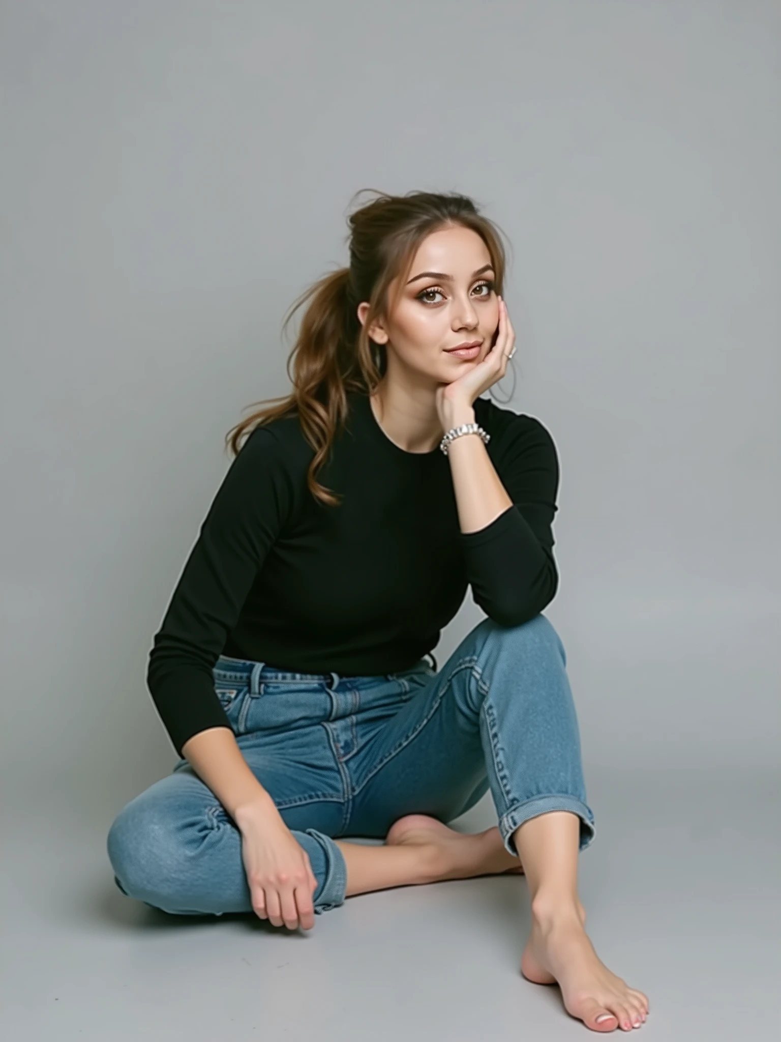 ( detailed realistic background:1),
( official art, beautiful and aesthetic:1 ),
realistic lighting,
cinematic lighting,
hyperrealism,
soothing tones,
muted colors,
high contrast,
soft light,
sharp,
artistic photoshoot,
,
( cute, ),
slender,
european,
pale cheeks,
square face shape with angular jaw,
natural "no-makeup" makeup,
,
feet,bare neck,
blonde hair ,
eyes,
squatting ,
wearing canvas lace-up bodysuit,ruffled hem trousers and espadrilles,