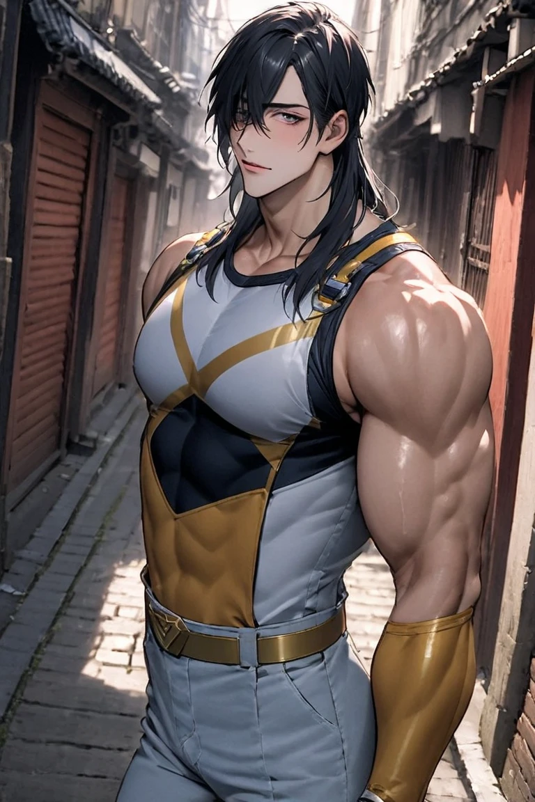 ((masterpiece)), ((best quality)), (Detailed), perfect, alone, dark link, black hair, 1boy, , solid red eyes, black fabric pants,wears black tunic on upper body, Black cap, extremely muscular, cowboy-Shot)