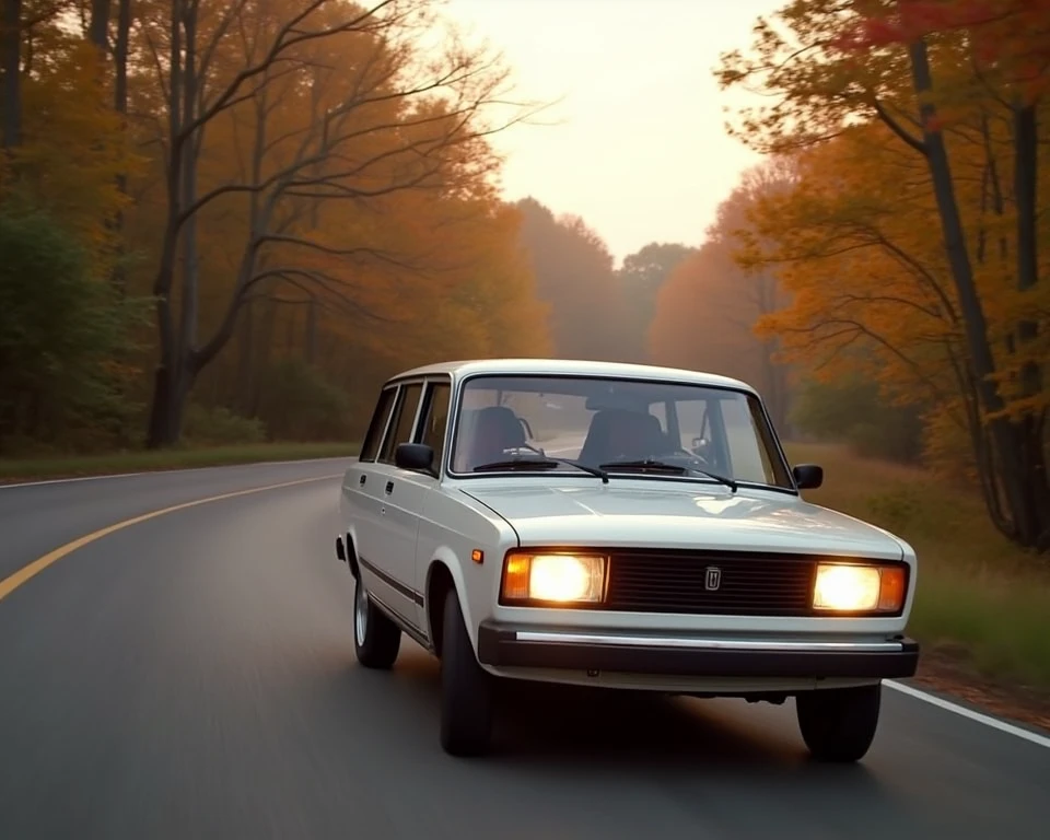 a white 1981 Fiat 125P station wagon. driving on a winding road in a wooded area of Belgium. fall colors. sunset. light fog. headlights and foglights are on. driving in right side of road. POV from side and 15 feet above looking down.