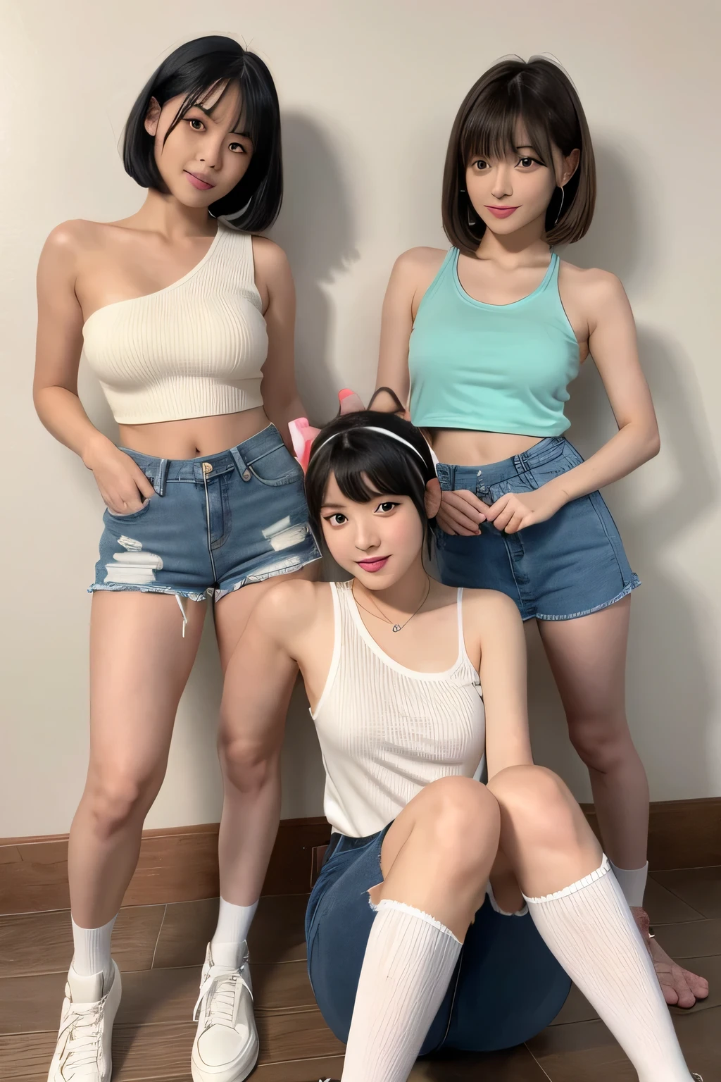 ((Best Quality, 16k, HD Masterpiece: 1.3)), Focus: 1.2, 2 Perfect Body Beauties: 1.2, Slim Waist: 1.2, Buttocks: 1.2, (( Fashion Short Straight Distribution: 1.5, Big Breasts and Beautiful Tits: 1.2)), (Wet Clothes: 1.1) , (Rain, Street:1.3), Sheer Short T-Shirt: 1.1, ( Denim Short Skirt, Open Belly Button, Perfect white thighs: 1.2, fair and round calves: 1.2, white and tender toes: 1.2), highly detailed face and skin texture, fine eyes, double eyelids, whitened skin, smile: 1.2, happiness: 1.2, teeth, tongue, eyes, lip gloss, super realistic detail, wide lighting, natural shadows, shooting the whole body: 1.8