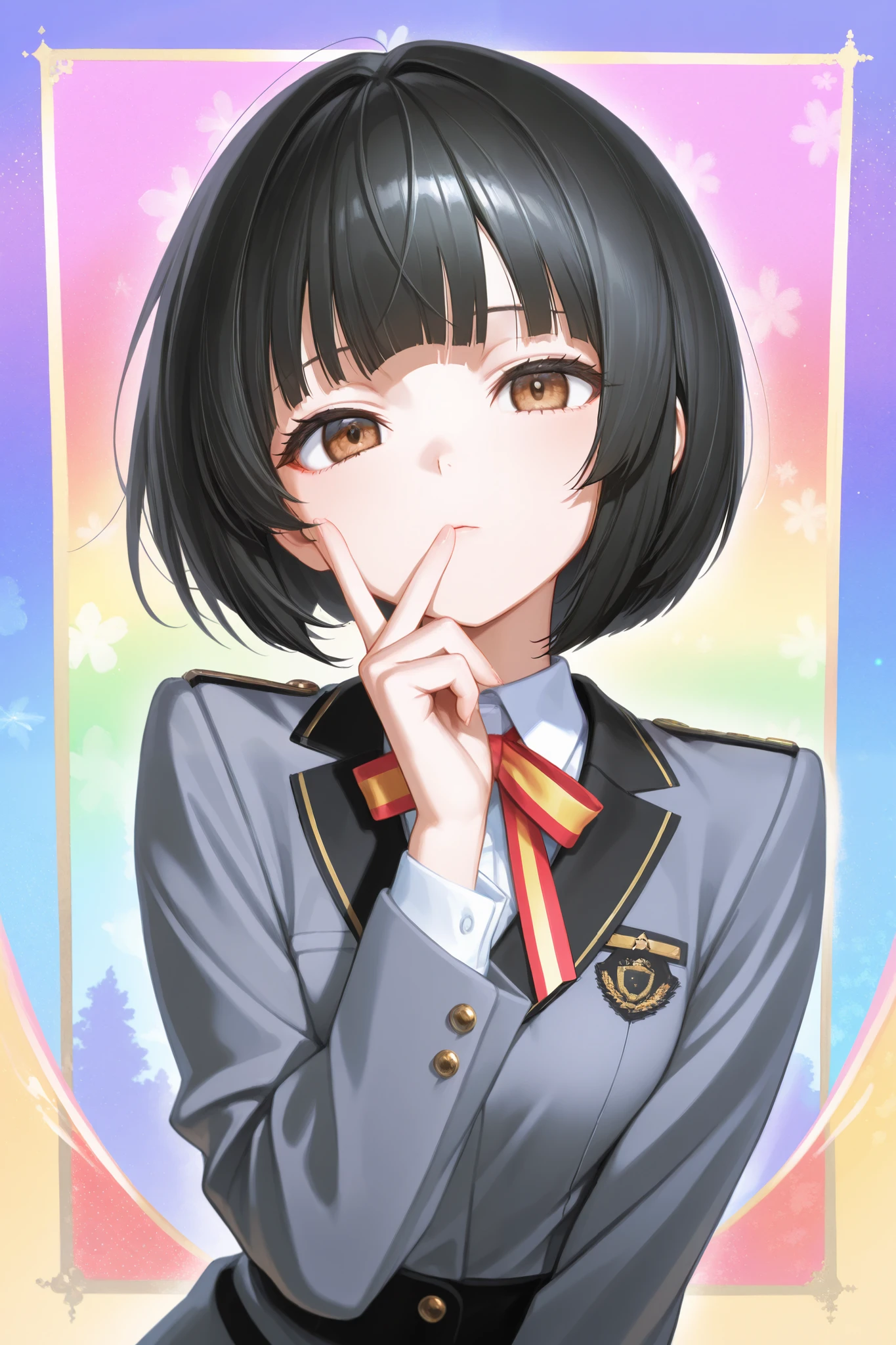 Masterpiece, 最 High Quality ,  High Quality , Year 2023,
 anime character,  black hair、 brown eyes, student、Alone,  bob cut、 girl , close your mouth、Red face、regrettable、Rainbow Background、Uniform ribbon