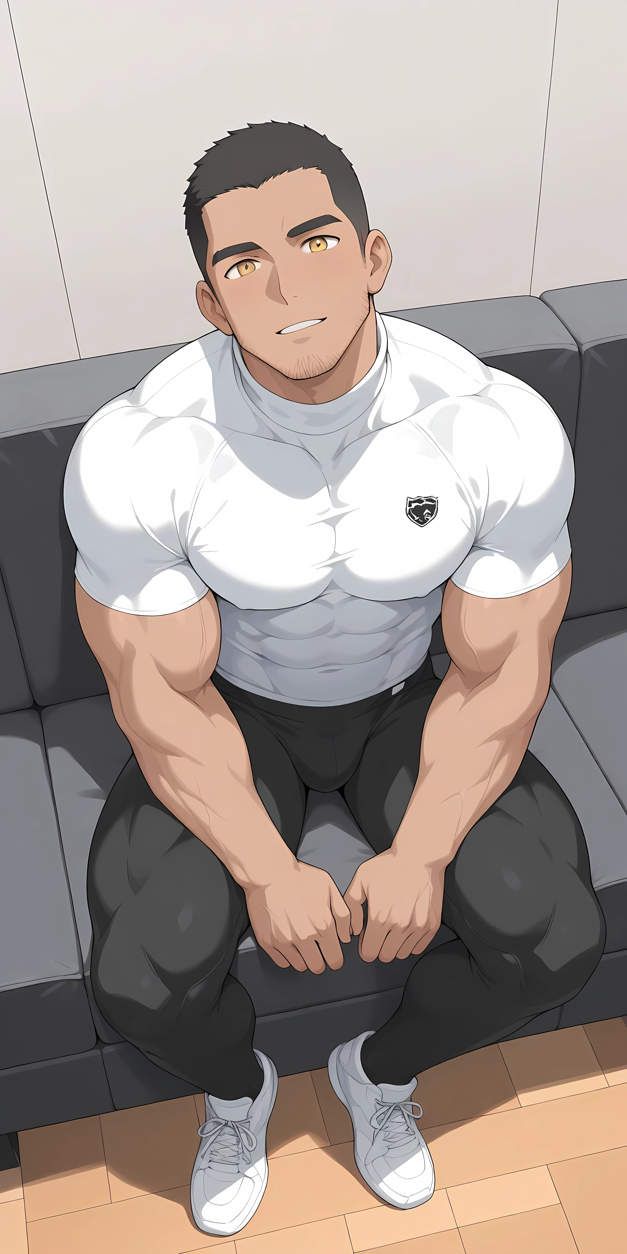 anime characters:Priapus, Buzz Cut,whole body, In the school bedroom, Sit on a soft sofa, is sitting and sinks, The body is wrapped around the place where, Very tall, Muscle Sports Sexy Teacher, Stubble, Manliness, muscular, tight turtleneck sweater, Tight Under Armour fitness compression pants, Scaly texture, Milky white sneakers, Very tight, muscular male, muscular, only, alone, Black short hair, Thick eyebrows, stubble, Yellow eyes, Grey background, simple background, amazing quality, best aesthetics, Ridiculous, bright eyes, There is salivation on the corners of the mouth, crew cut, parted lips, A puzzled expression, from above, best quality