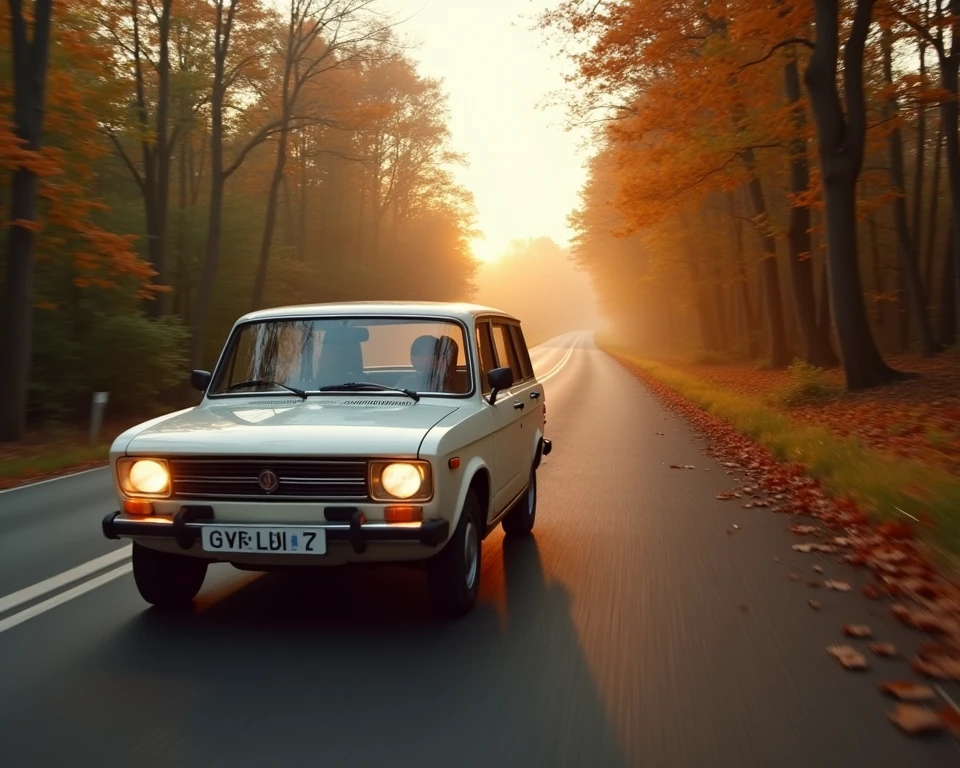 a white 1981 Fiat 125P station wagon. driving on a winding road in a wooded area of Belgium. fall colors. sunset. light fog. headlights and foglights are on. driving in right side of road. POV from side and 15 feet above looking down.